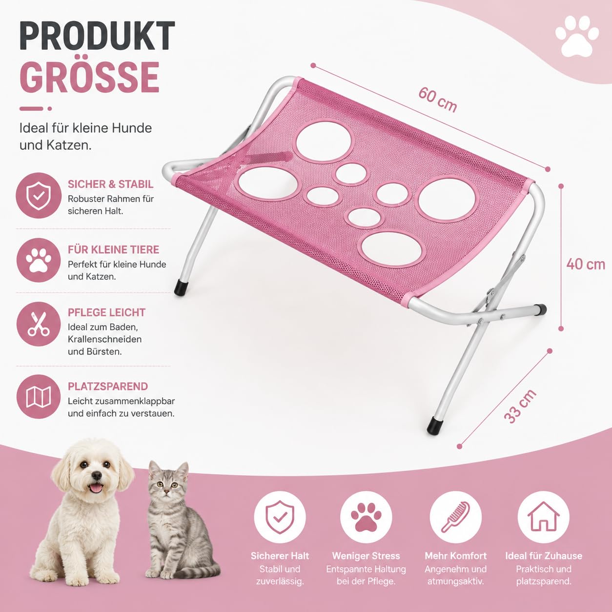 2027 Neuer Haustier-Duschhalter, 2-In-1-Hundepflege HäNgematte, PflegestäNder Hunde, Badehilfe für Hundehocker für Nagelschneiden, Ohrenreinigung Und TäGliche Pflege (Khaki+Rosa)