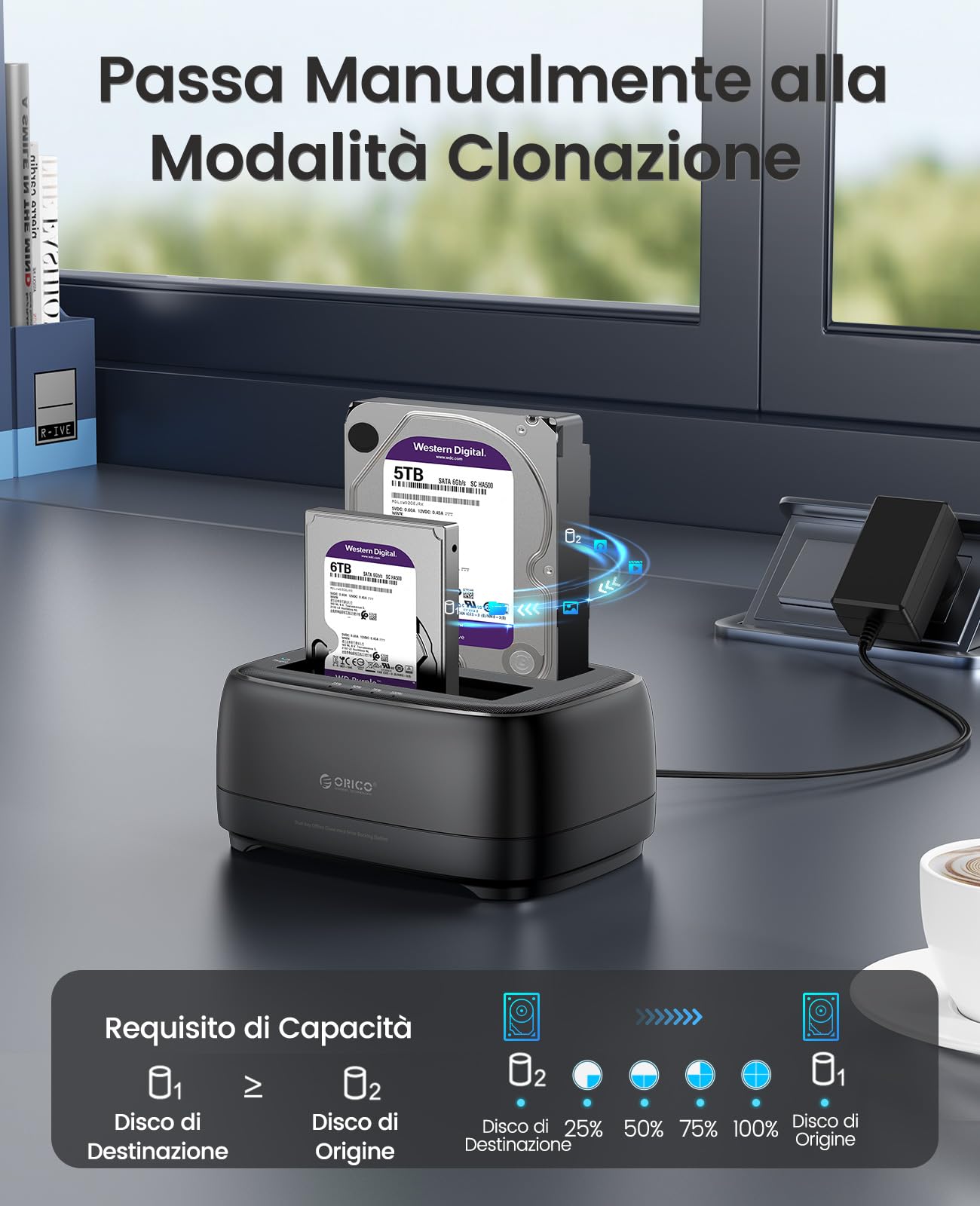 ORICO Dual Bay Docking Station Hard Disk USB 3.2 Gen1 con Clonazione Offline per HDD SSD SATA da 2,5 e 3,5 Pollici, Dock per Disco Rigido Fino a 40TB con UASP e Cavo 2-in-1 (DD28C3-C)