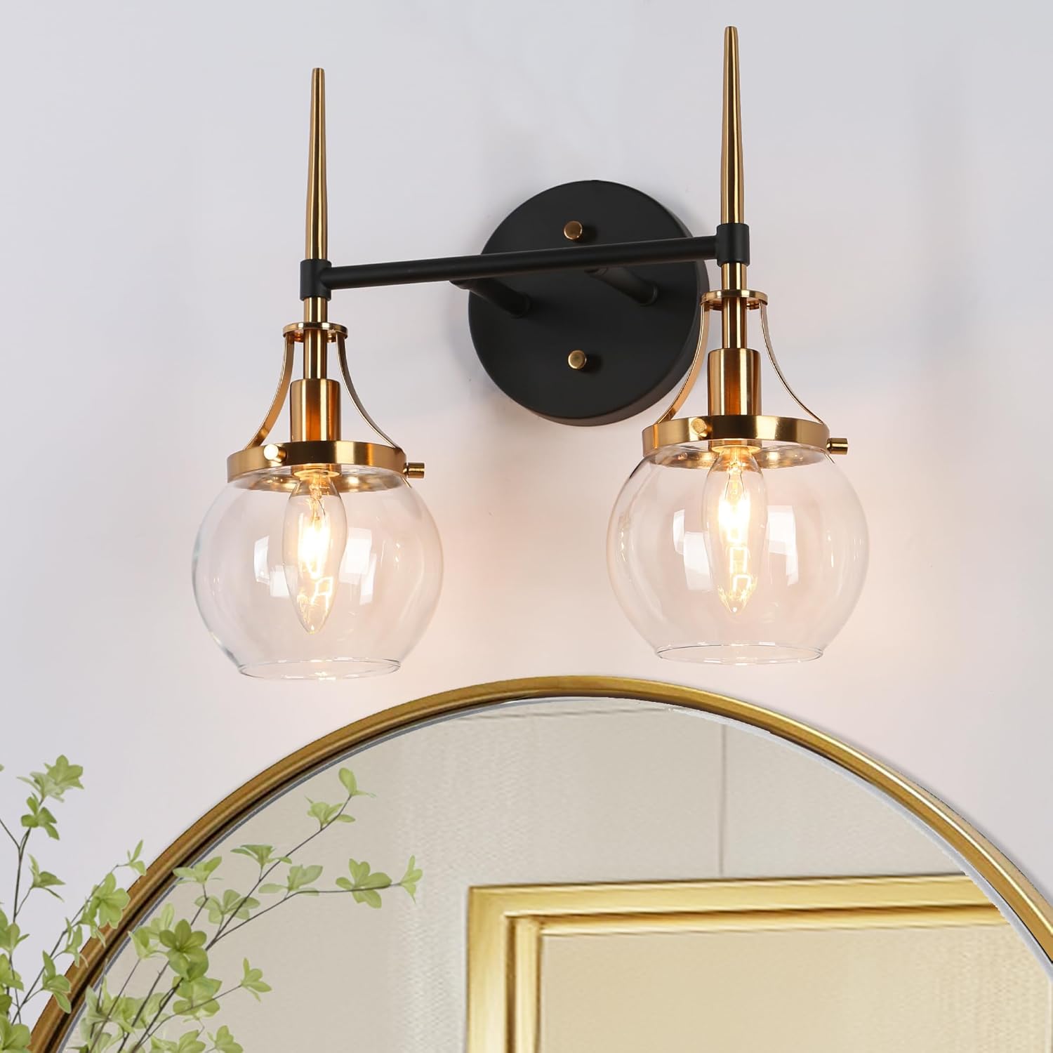 KSANA 2-Light Bathroom Vanity Light, Modern Gold Wall Sconce with Clear Globe Glass, Black & Electroplated Brass Wall Light Fixture for Bathroom, Powder Room, Hallway