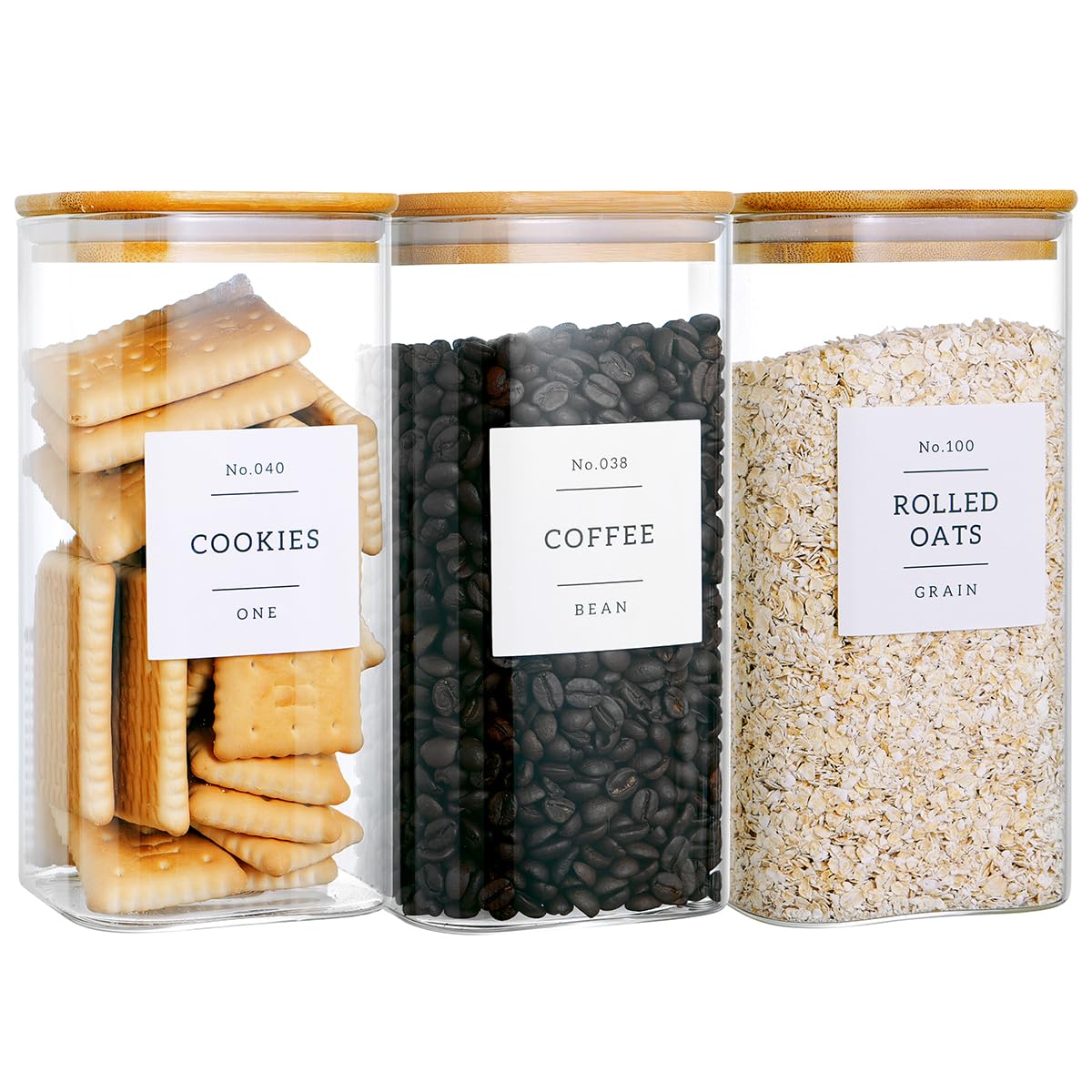 3 Pack Square Glass Kitchen Storage Jars with Airtight Bamboo Lids and 132 Pantry Labels - 54oz Glass Canisters with Wood Lids - Glass Food Storage Containers for Sugar, Rice, Pasta, Cereal