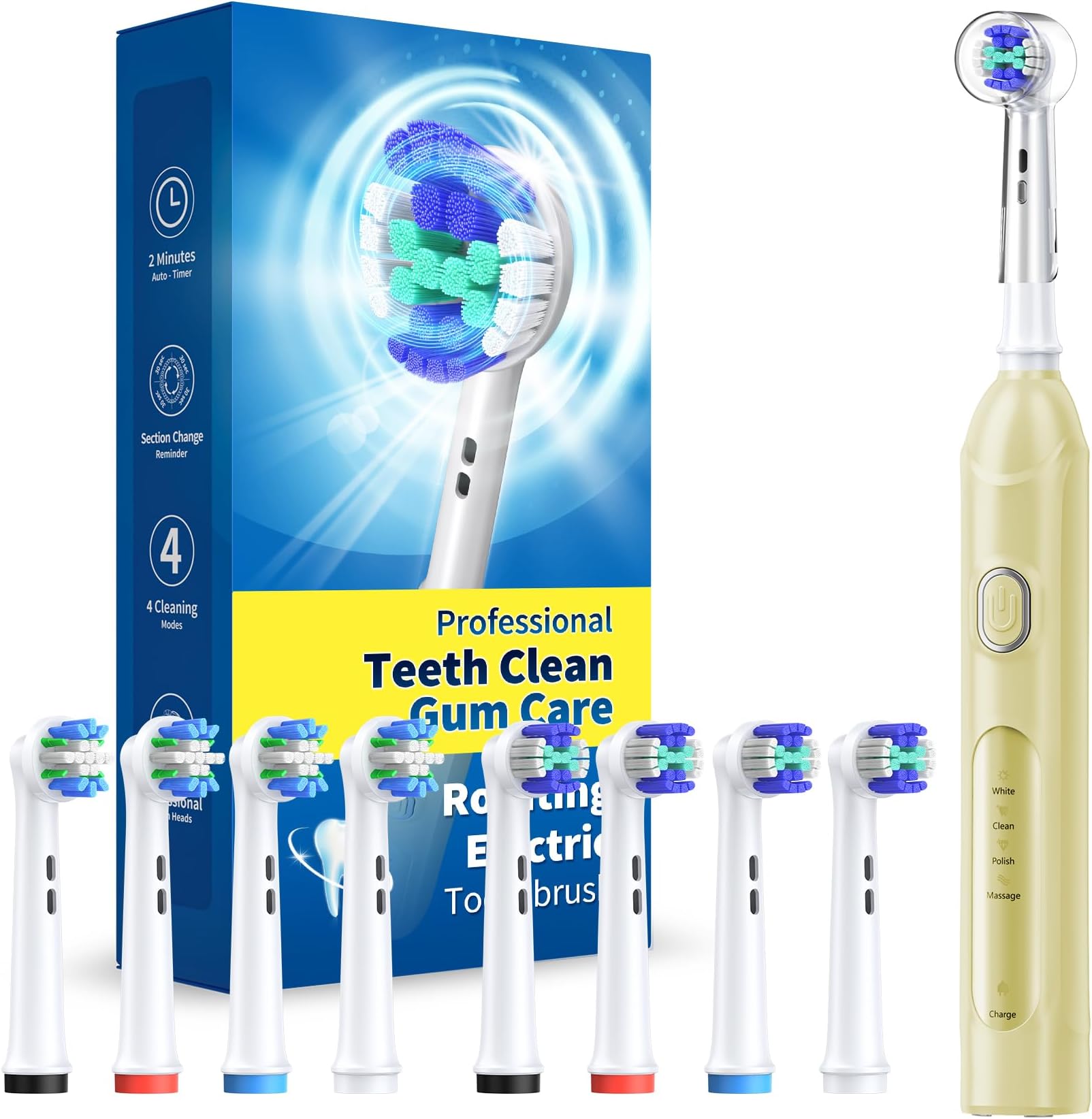 Rotating Electric Toothbrush for Adults with 8 Brush Heads (2 Types), 4 Modes Deep Clean Electric Toothbrush with Rechargeable Power and 2 Min Smart Timer, Fast Charge Yellow