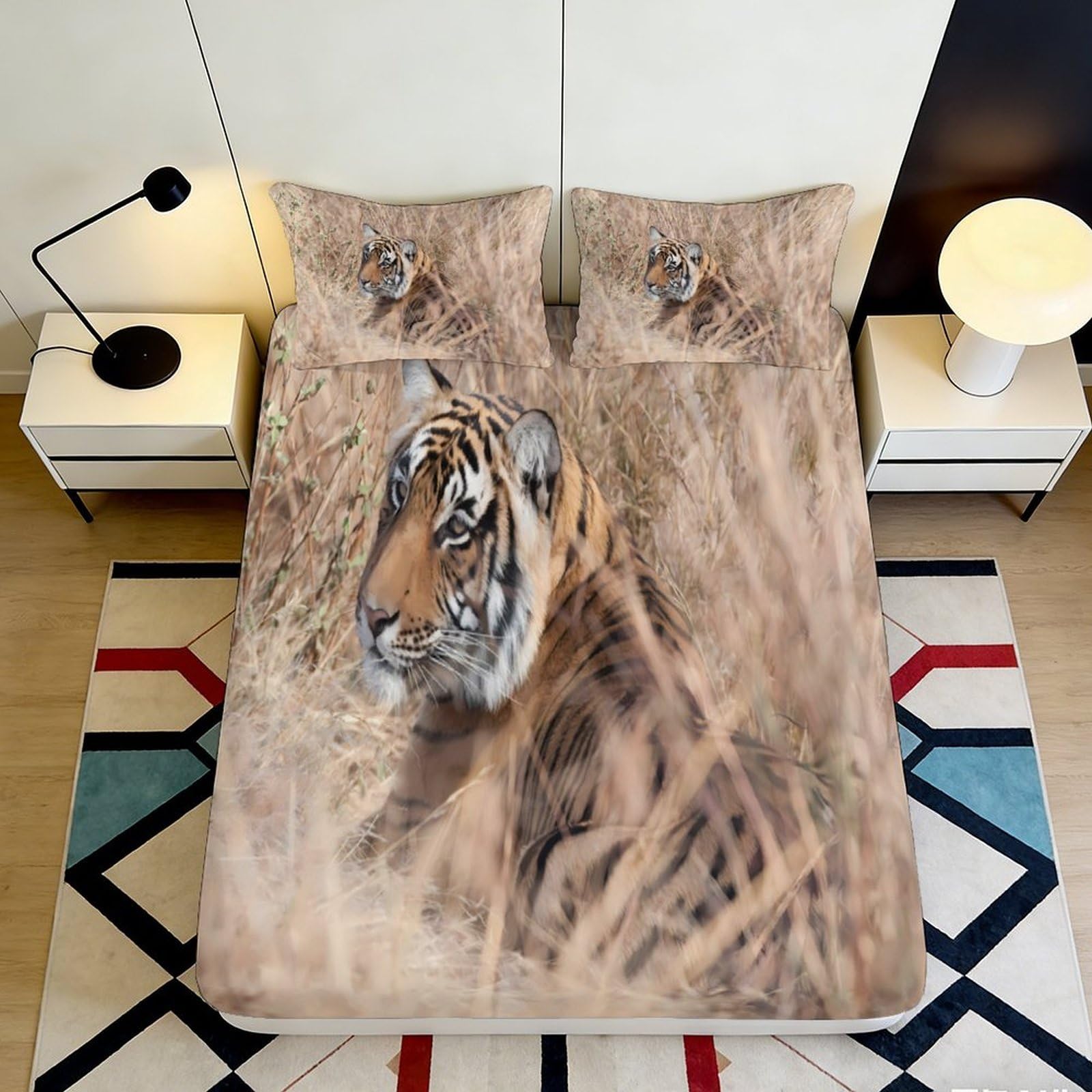 Uxinyoume Style-3 3D Printed Tiger Face Fitted Sheet Microfiber Anti-Slip Animal Stripe Bed Cover For Bedroom Dorm Mattress Decor 90X200x25cm