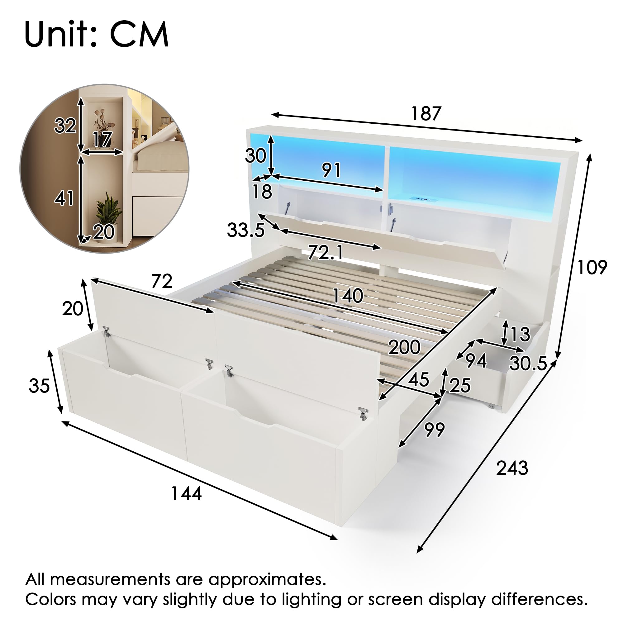 Zepneiy Lit Enfant 140x200 avec LED et USB, Lit Double 140x200 avec Tabouret Queue et tiroirs, avec étagères et sommier à Lattes, pour Adolescent et Enfant, Cadre de en Bois Blanc(sans Matelas)