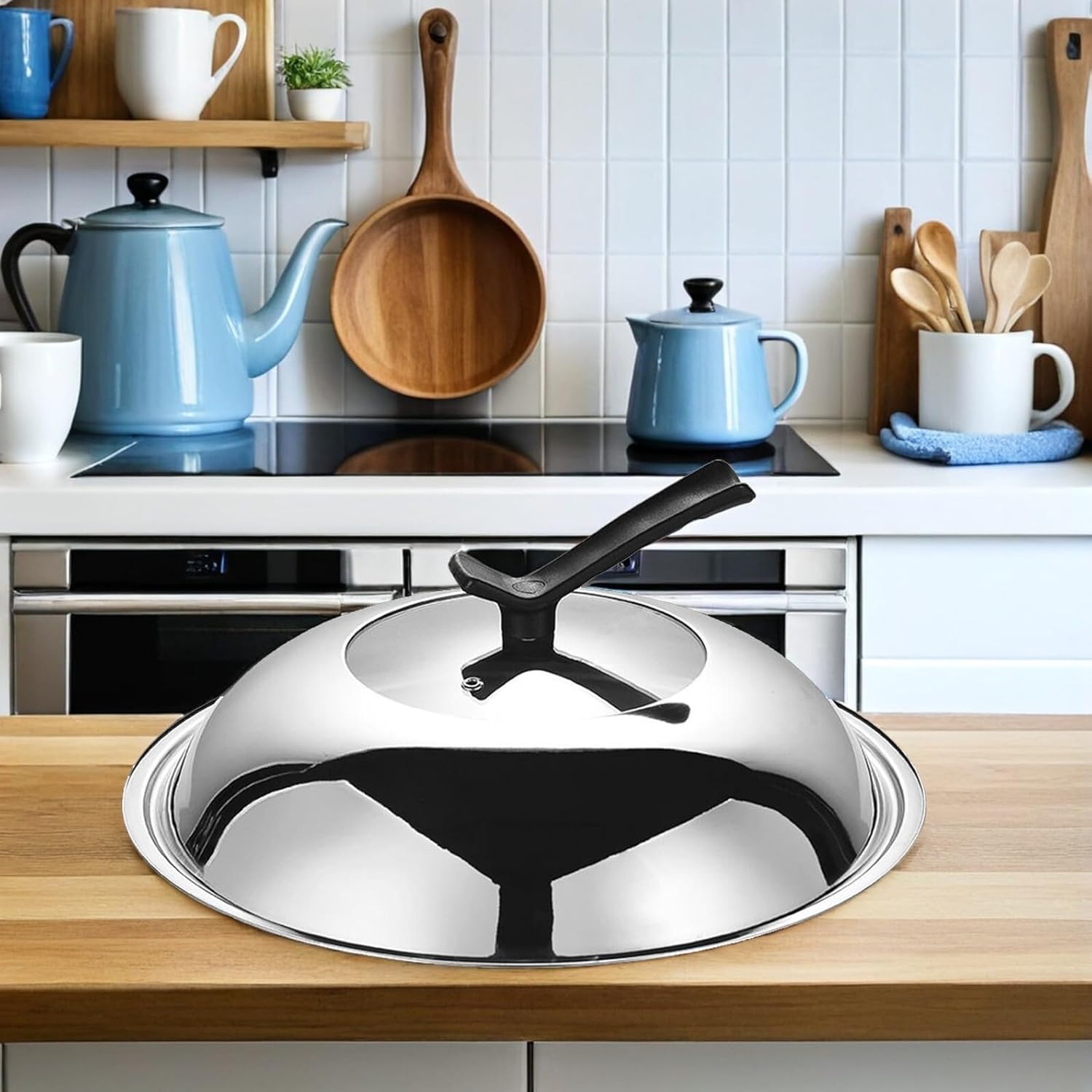 BESTonZON 13 Inch Visual Wok Lid Stainless Steel Dome Cover with Tempered Glass Spill-Resistant Standable Pan Lid for Frying Pans and Skillets - Image 4