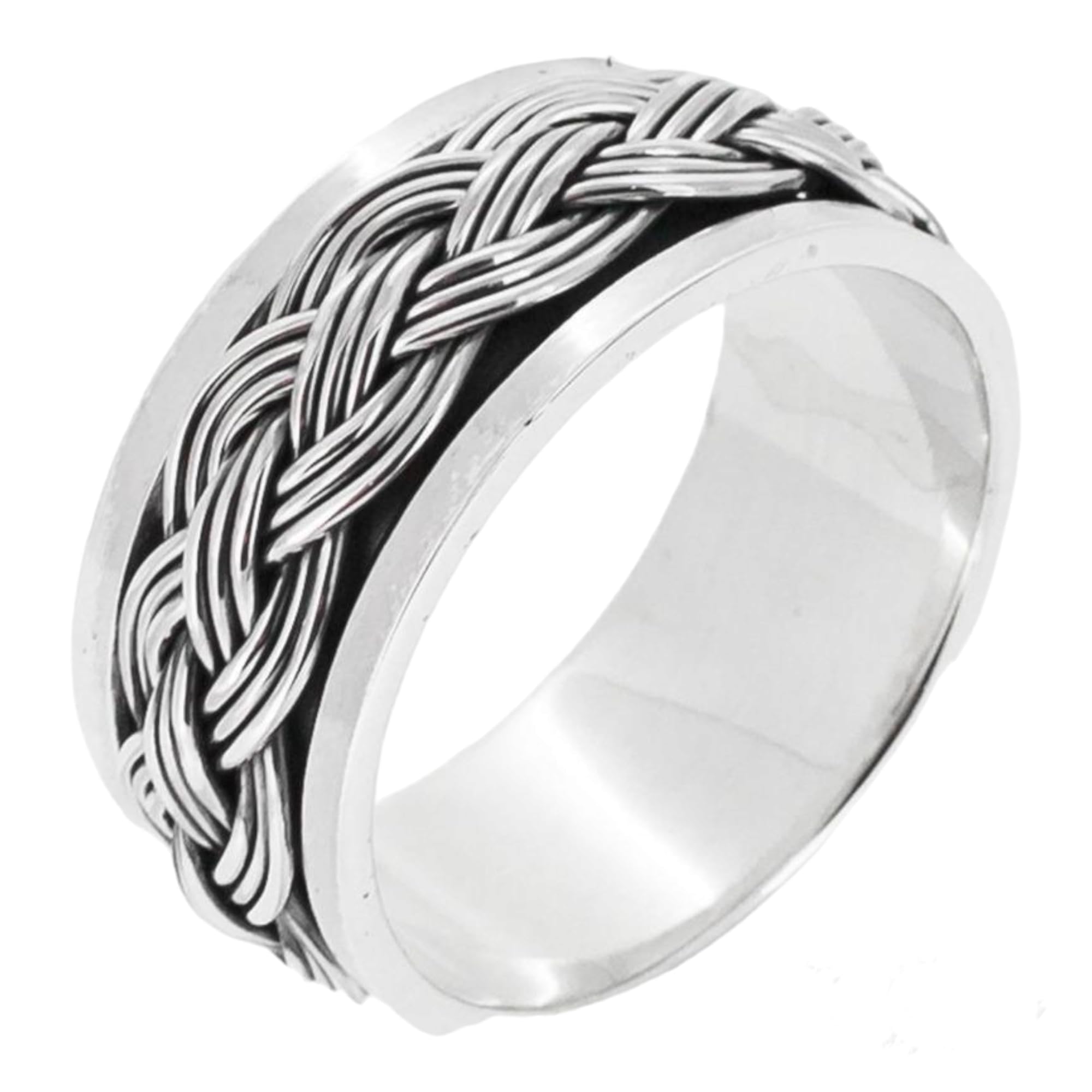 VN Jewelry MENS 9MM Wide Solid 925 Sterling Silver Ring Braided Design Spinning Ring | Silver Band Ring For Men Size 8-14
