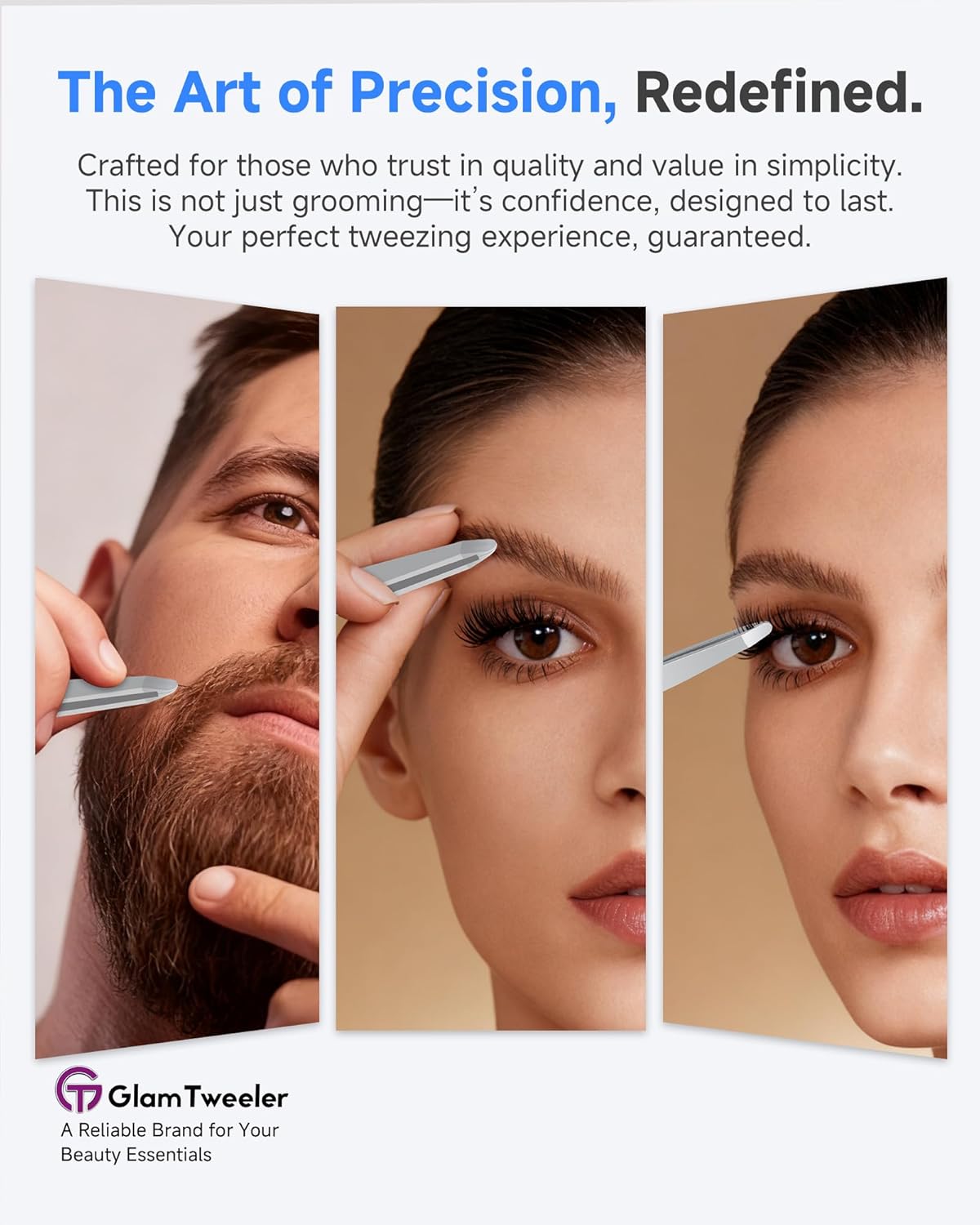 Premium Hand-Made Tweezers with Safe Rounded Tip & Comfort Spring for Pain-Free Plucking, Thick Stainless Steel for Precise Grip on Eyebrows & Facial Hair, Designed for Women and Men
