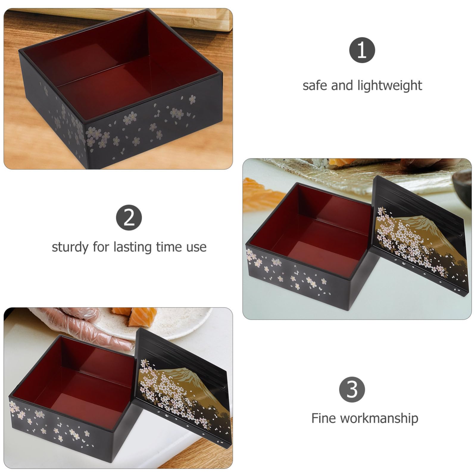 iplusmile Scatola Bento Giapponese Nera in Plastica con Motivo Monte Fuji a Tre Livelli, Contenitore per Sushi e Dessert, Adatto per Decorazione Casa e Incontri di Famiglia