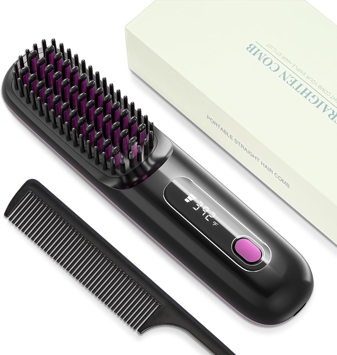 Hair Straightener Brush,Ceramic Ionic Anti-Frizz Hair Brush, | 30 Second Quick Heat Up, Adjustable Temperature, Travel Portable Styling Tool for All Hair Types（Midnight Black）