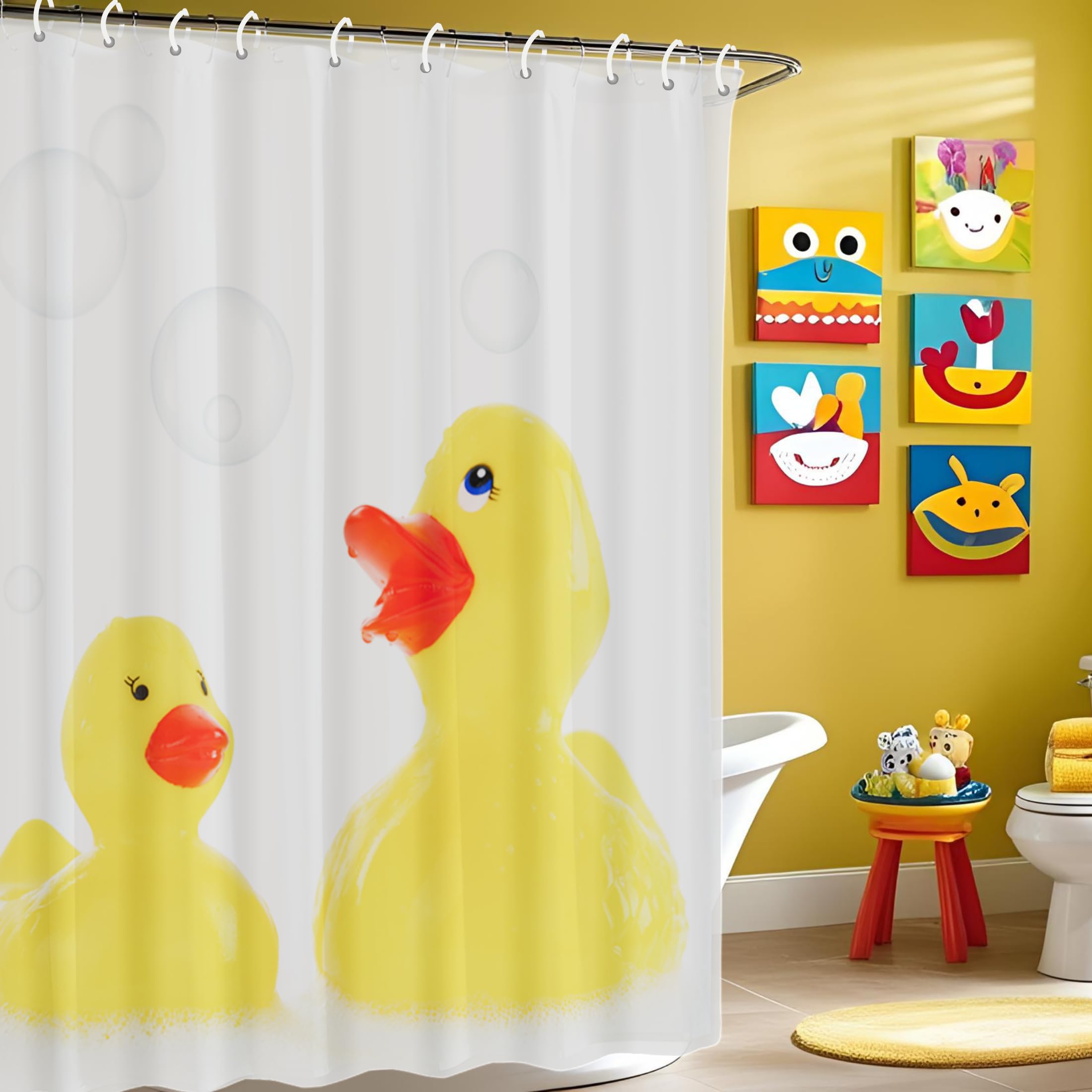 Waterproof Shower Curtain 72x72 – Fabric Bathroom Curtain with Weighted Hem & Rustproof Grommets – Washable Rubber Ducks Design with 12 Hooks –