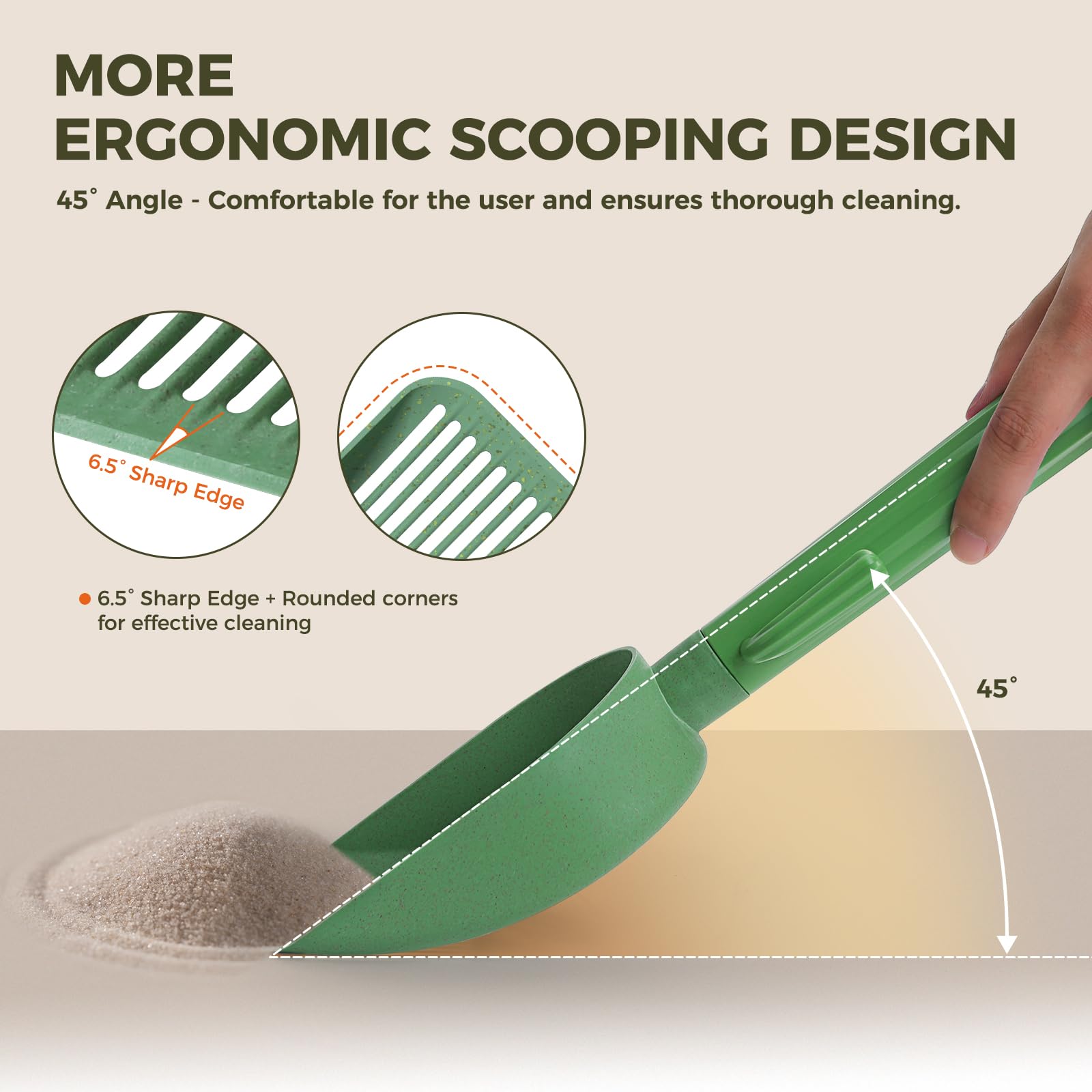 MUTTROS Cuchara de arena para gatos con 2 cucharas compostables reemplazables, pala de arena con soporte para caja de arena, el tamiz para gatos incluye 1 rollo de bolsas de arena para gatos y bolsa