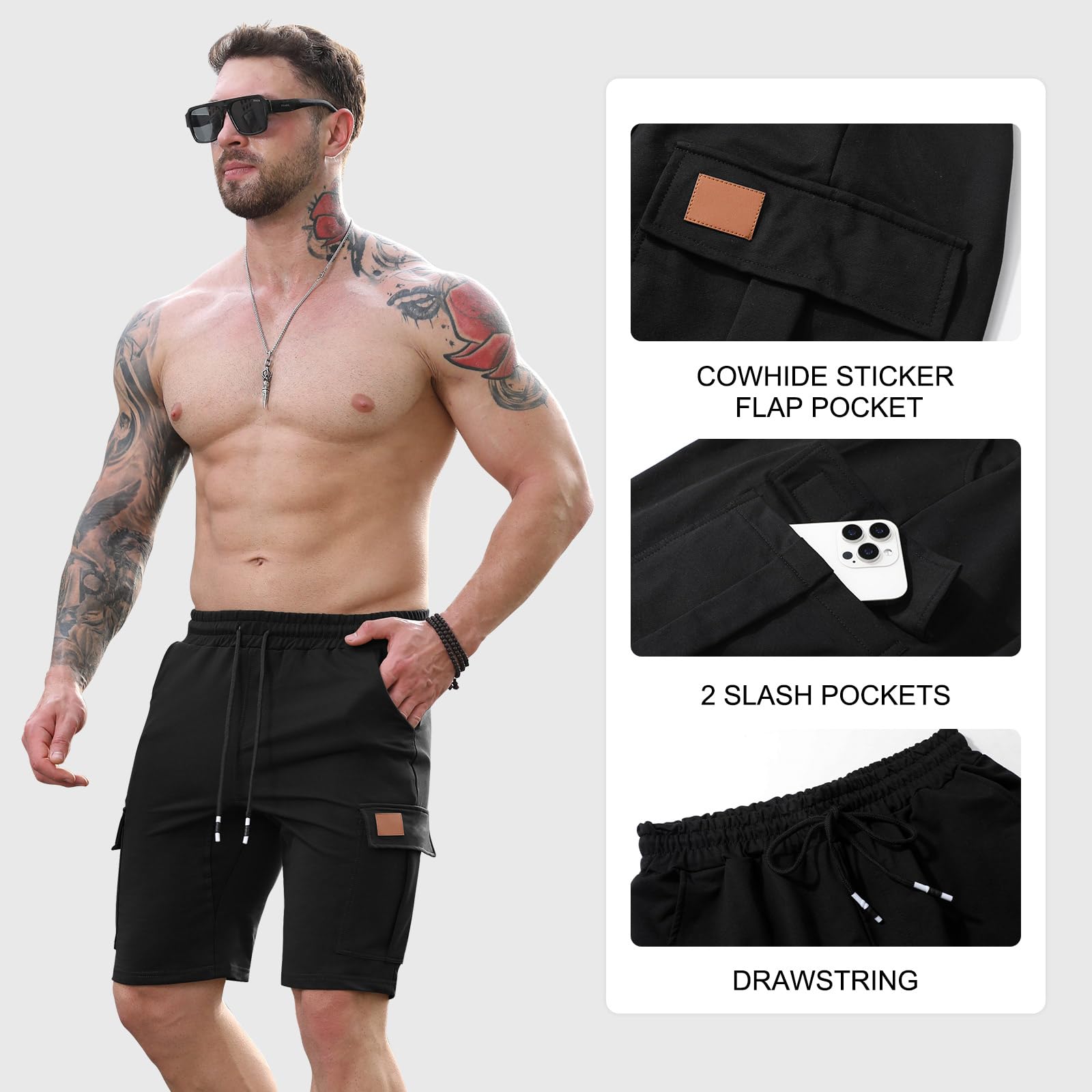 Pantalones Cortos Deportivos Hombre Cargo Algodón Bermudas Shorts Running con Bolsillos