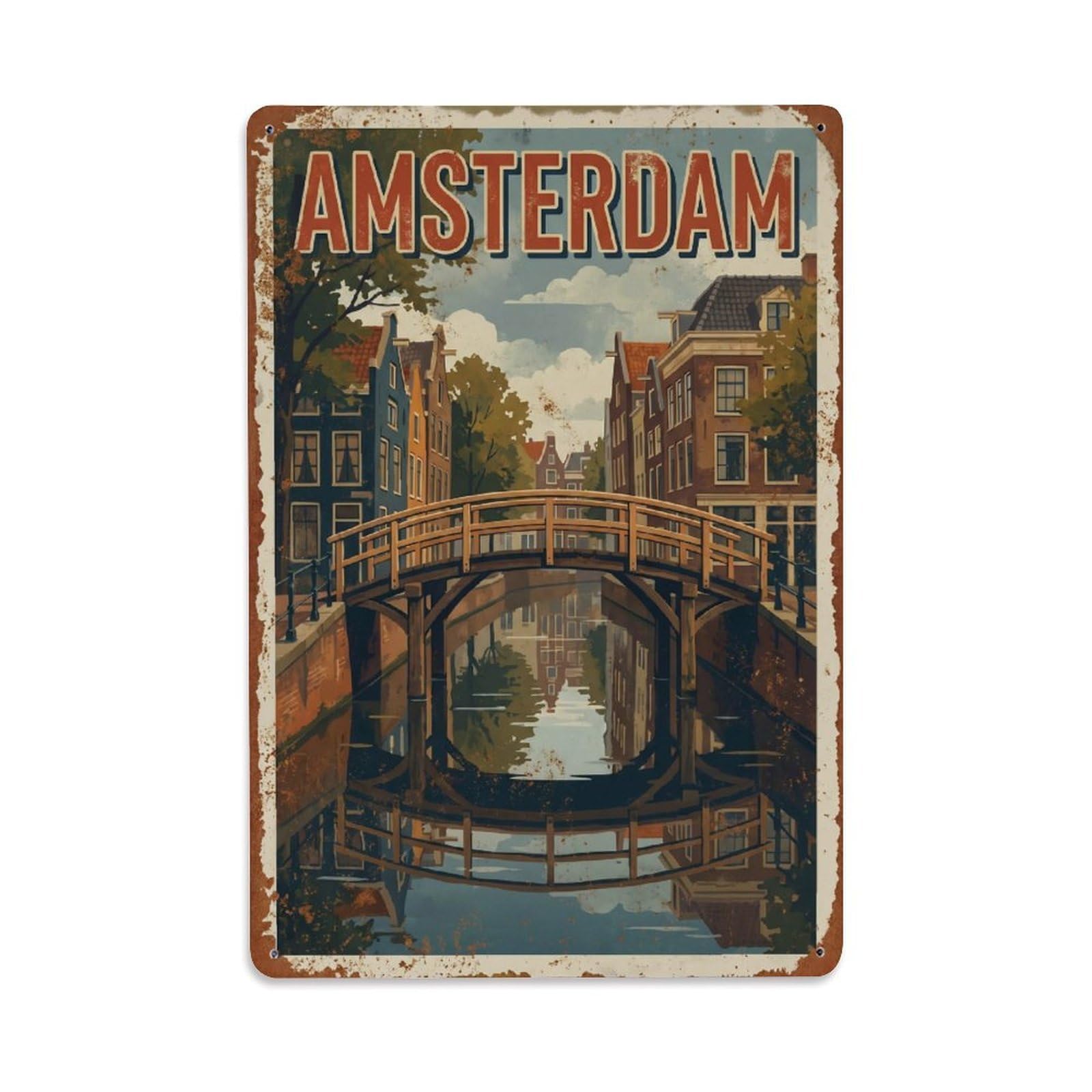 Okngb Style Amsterdam Wooden Footbridge Waterway Vintage Tourism Metal Tin Sign Plaque Wall Decor For Cafe, Man Cave, Club Bar, Office, Home Garden Round Metal Poster 8X12inch