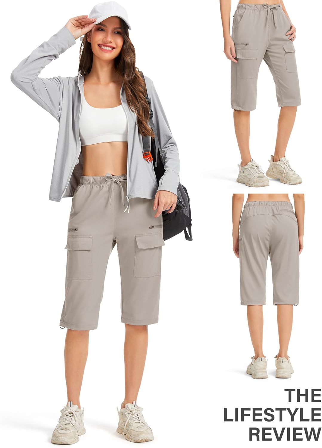 Capri Pants for women-15 Long Shorts Knee Length Capri Hiking Cargo Shorts Lightweight Quick Dry Elastic Waist for Casual