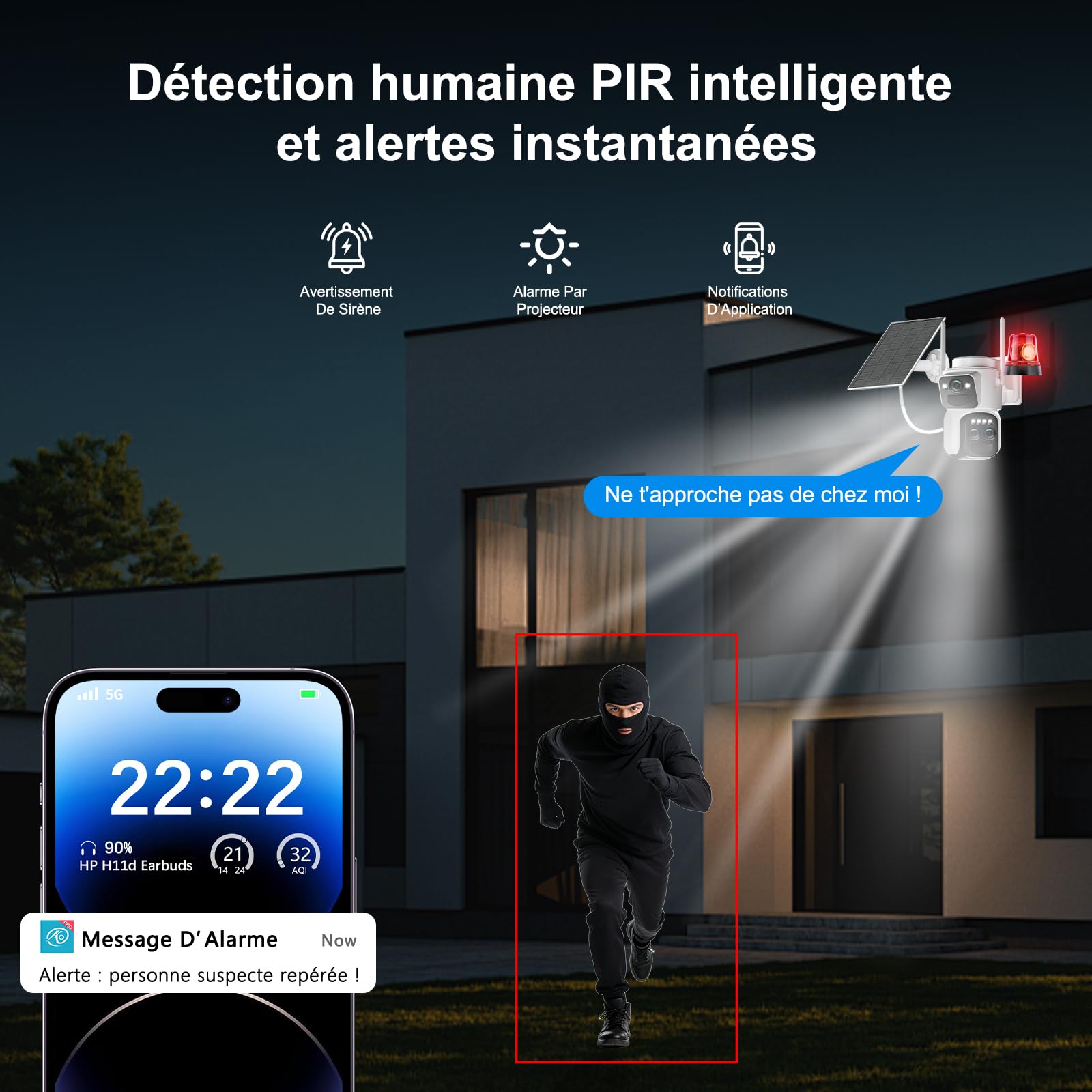 4K Caméra de Surveillance WiFi Exterieure sans Fil,10X Triple Objectif Camera Extérieur Solaire avec Panneau,Vision Vocturne,Alarme,Batterie,2.4GHZ,Audio Bidirectionnel,Suivi Automatique,IP66,355° PTZ