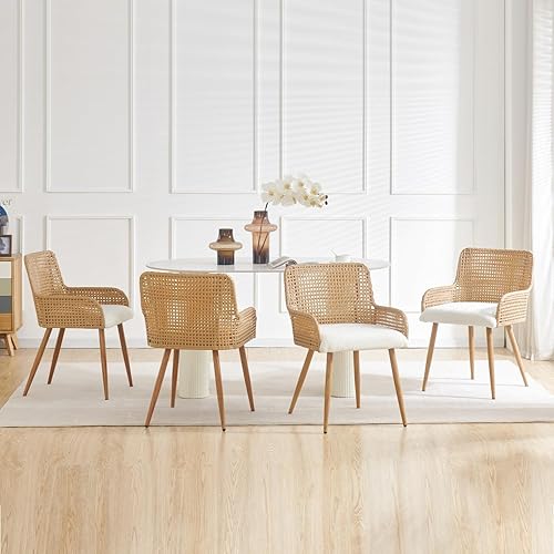 Miniatura 9 de Sillas de comedor de ratán, sillas de comedor tapizadas de tela Boucle con reposabrazos y respaldo de caña de polietileno, sillas de comedor