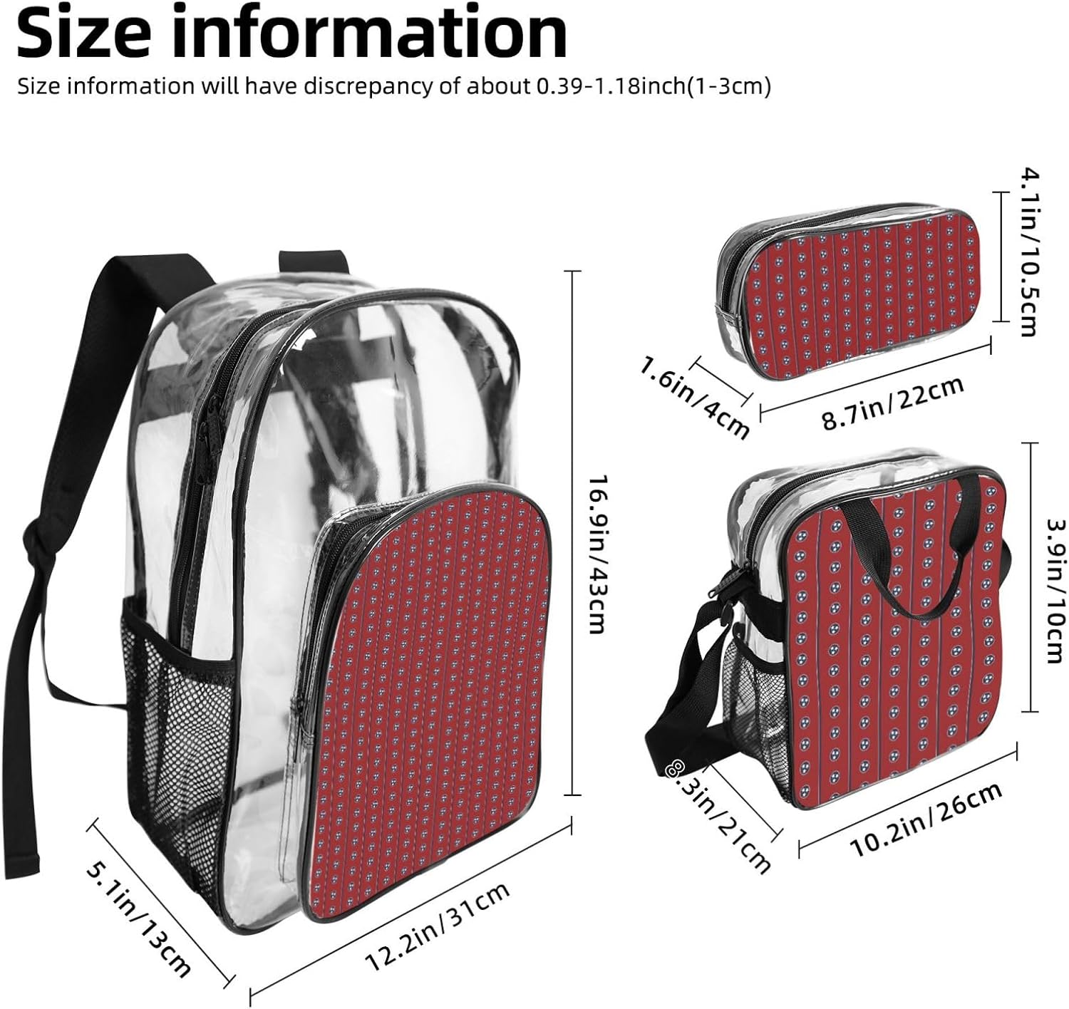 Tennessee State Flag Print Unisex Transparent Backpack Set For School Travel Outdoor 3-Piece Clear Lunch Bag