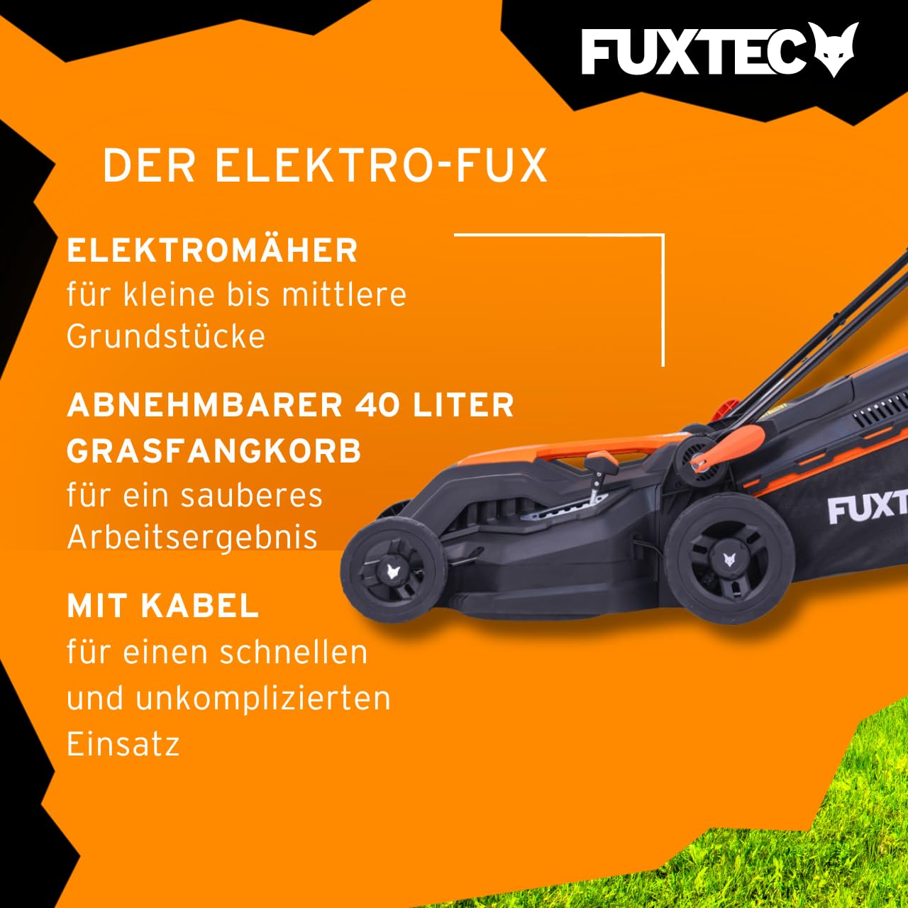 FUXTEC Elektro Rasenmäher mit Kabel FX-RME38-38cm mit 40L Grasfangkorb - nur 12kg - Schnitthöhe 20-70mm - 1600Watt & 220V