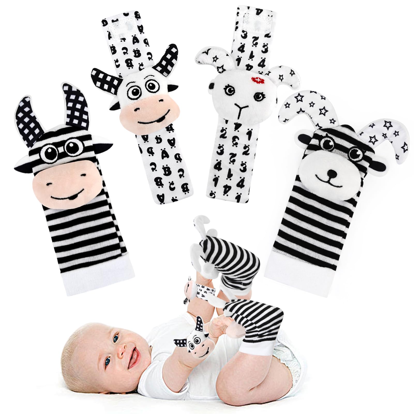 JoyPlus Sonajero Calcetines y Muñequeras Blanco y Negro para Bebé, Sonajeros de Muñeca Bebe Sonajero de Pies y Manos Juguetes, Sonajero para Recién Nacidos con Buscador de Muñeca para 0-12 Meses Bebé