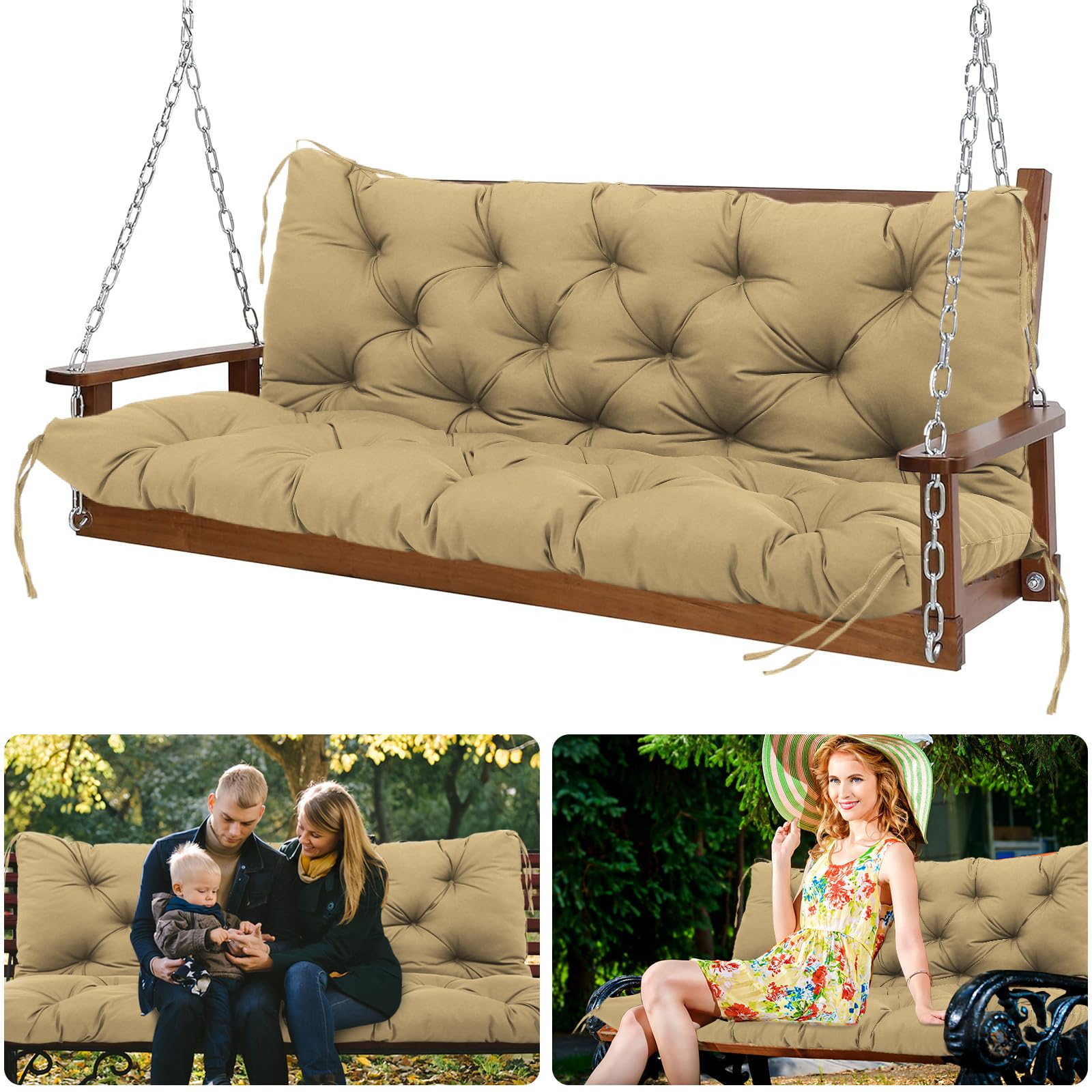 Porch Swing Cushions Waterproof 60x40in Thicker 5" Outdoor Swing Cushions with Ties 2-3 Seater Swing Replacement Cushion with Backrest for Garden Patio Porch Furniture Swing Outdoor Bench-Khaki
