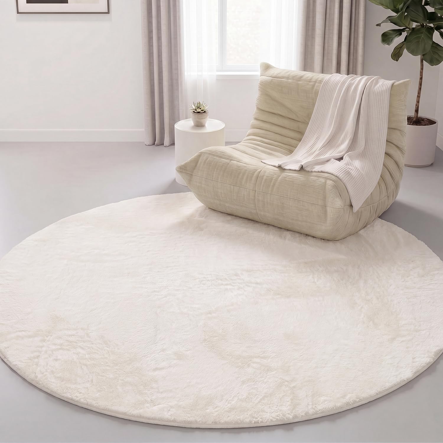 Interiyou Tappeto salotto pelo corto Fargo - 160x160 cm Rotondo Crema - Morbid in pelliccia sintetica - Lavabile e antiscivolo - Corto e soffice