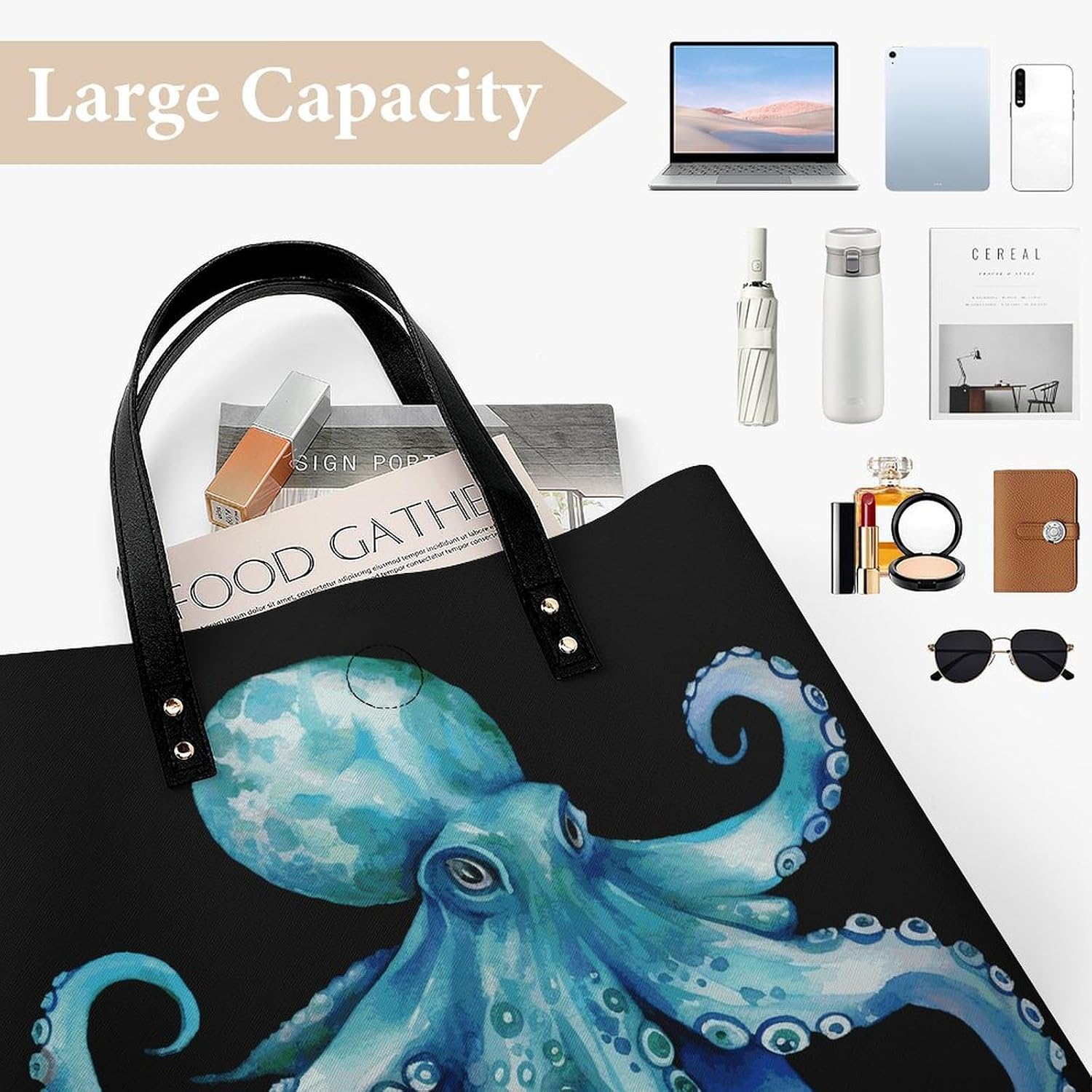 Blue Watercolor Octopus Handbags Large Capacity, Tote Bag Stylish Slouchy, Shoulder Bags for Work Beach Travel And Shopping Grocery.