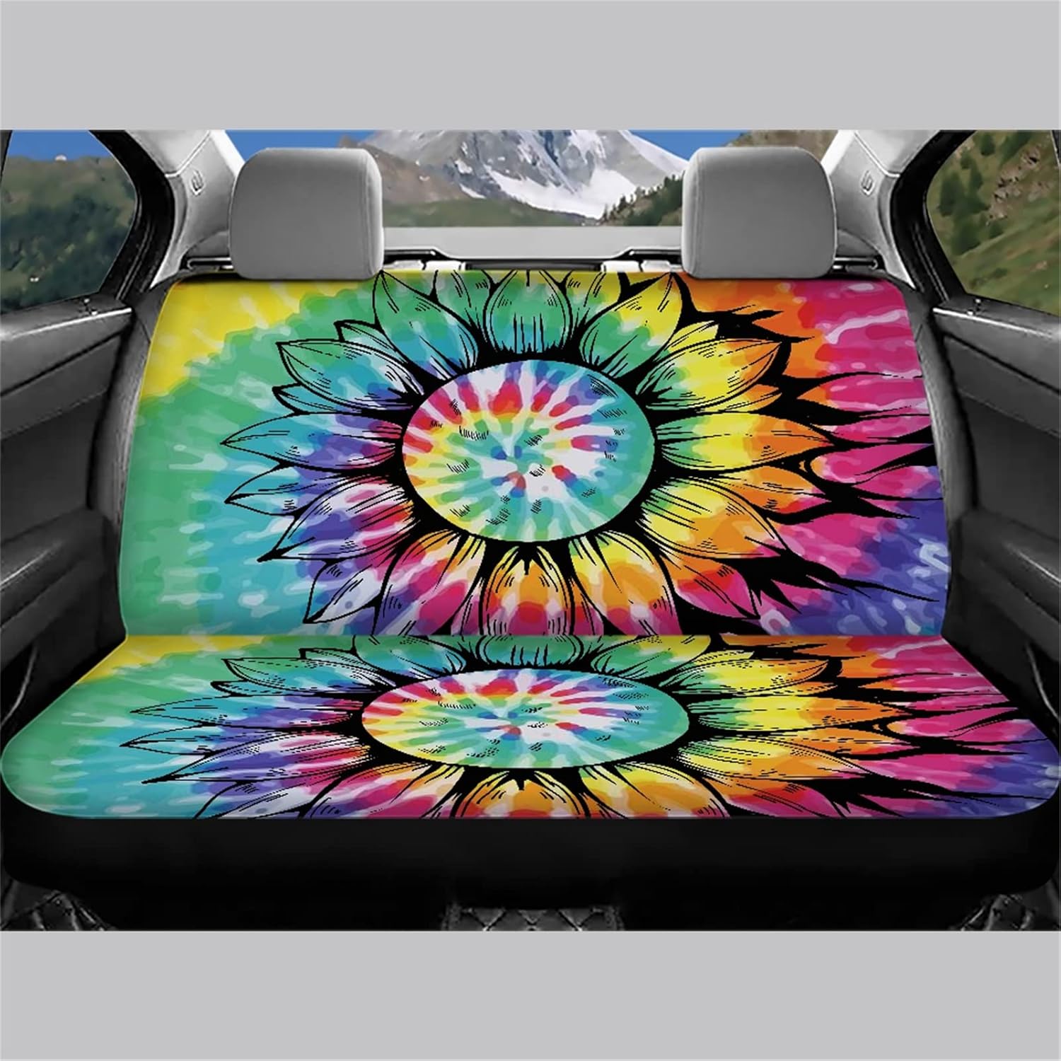 FUSURIRE Tie Dye Bench Dog Car Seat Cover for Back Seat, Sunflower Print Universal Fit Auto Cars SUV Sedan Vehicle Interior Decor Accessories, Comfort Car Back Seat Cushion Covers