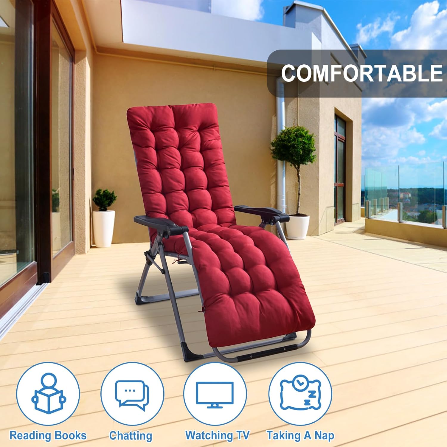 KOCASO Chaise Lounger Cushion, 67ｘ22ｘ3.93In Bench Chair Pads, Non Skid Slip Patio Padded Seat Cushion W/Ties, Recliner Rocking Chair Sofa Mat for Indoor Outdoor, Coffee(Only A Cushion)