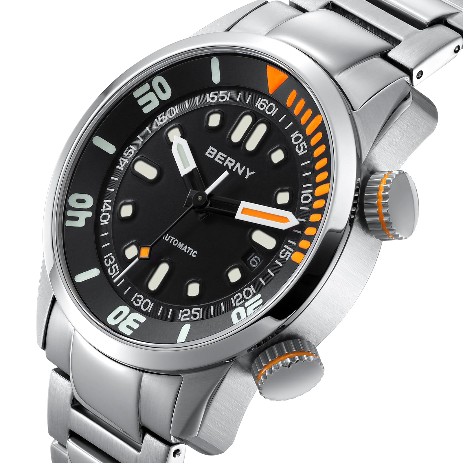 BERNY Automatikuhr für Männer 200M Taucheruhr Armbanduhr Saphirglas Langlebiges Edelstahlband Super Leuchtend Herrenuhren
