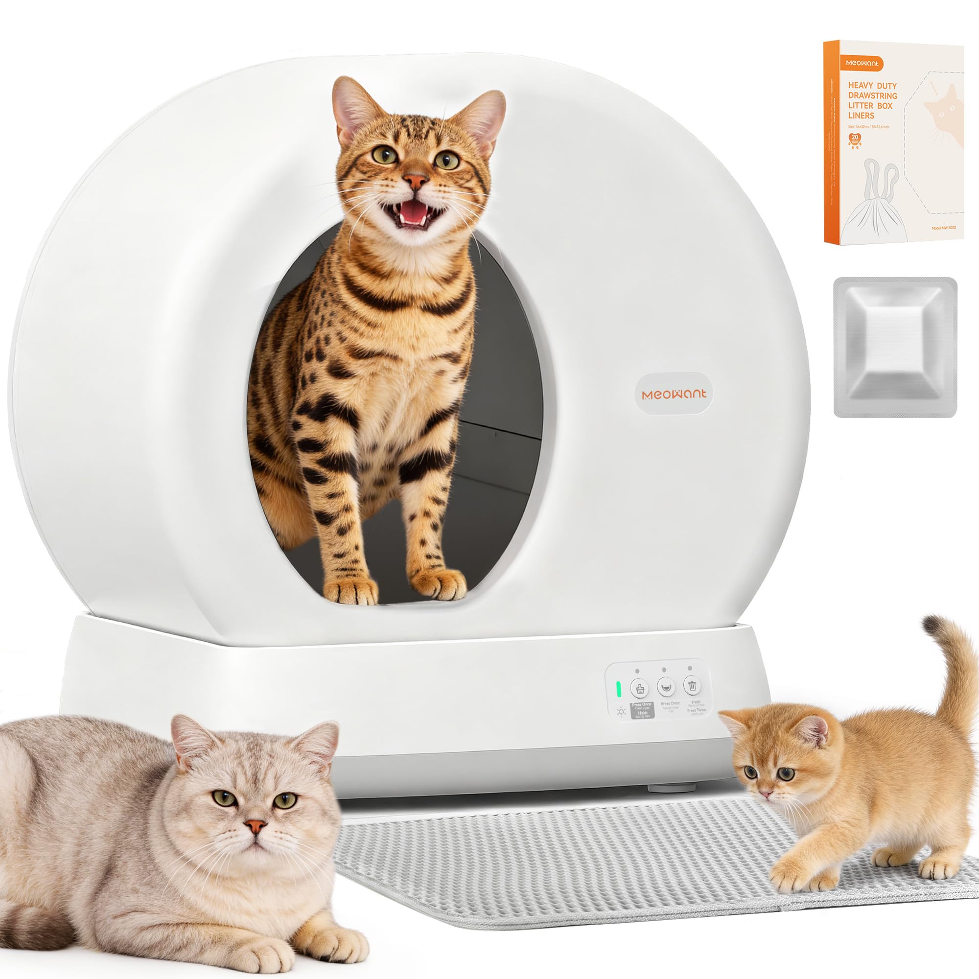 MeoWant Self Cleaning Cat Litter Box, Large Capacity Automatic Cat Litter Box with Integrated Safety Sensors, APP Control, Odor-Free for Multi Cats with Mat & Liner