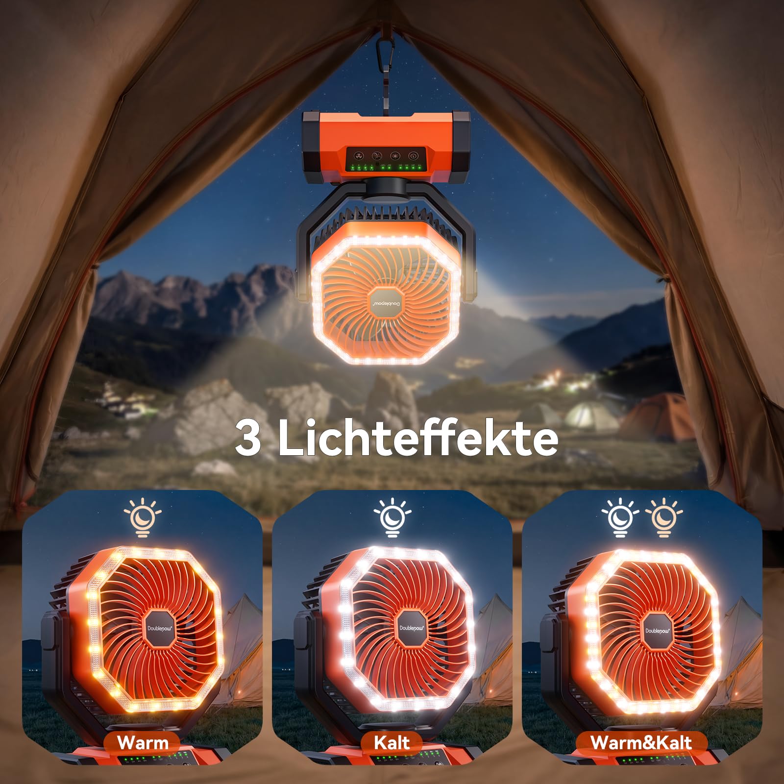 20000mAh Camping Ventilator, Aufladbare Akku Ventilator, Tragbarer Ventilators mit LED Licht, 120° Oszillierbar, mit Fernbedienung, Haken, USB Tischventilator, Geeignet Reisen, Picknick, Stromausfall