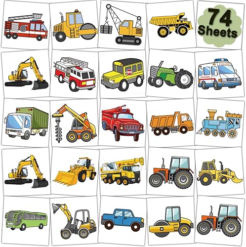 CHARLENT Tatuajes temporales para automóviles y camiones para fiestas infantiles, 74 hojas individuales, para construcción de automóviles,