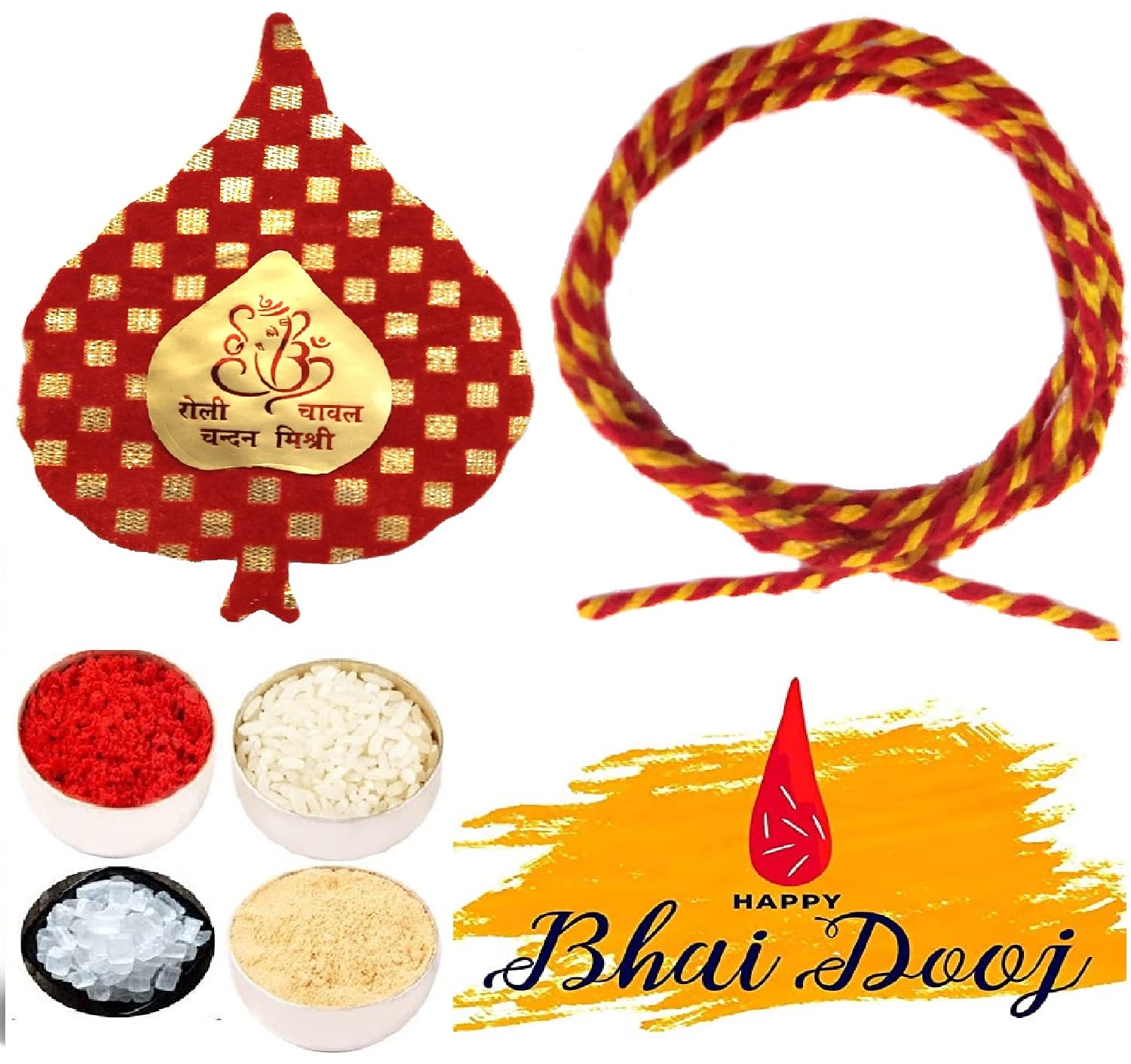 Bhai Dooj Tikka for Brother with Thread, Roli, Chawal, Chandan Mishri in a Special Pack with Optional Personal Message Bhaiya Duj Tika Combo Set