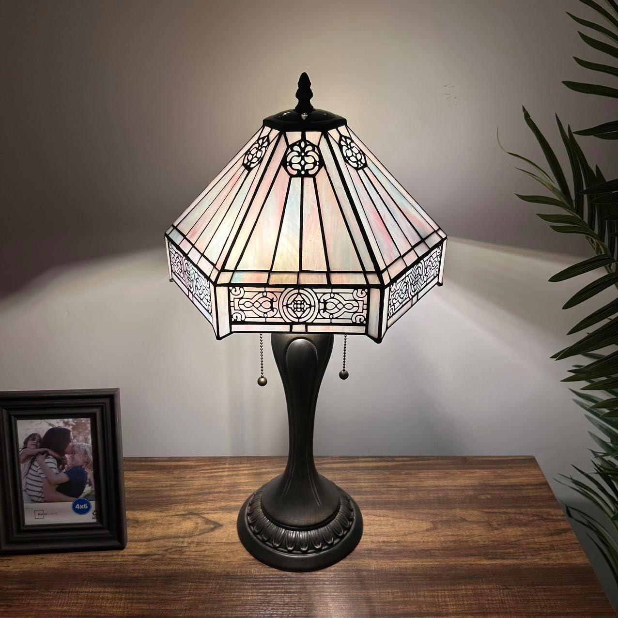Tiffany Table Lamp Sky Color Hexagon Stained Glass LED Bulbs Included for Living Room Bedroom Bedside 12" W*12" D*22" H