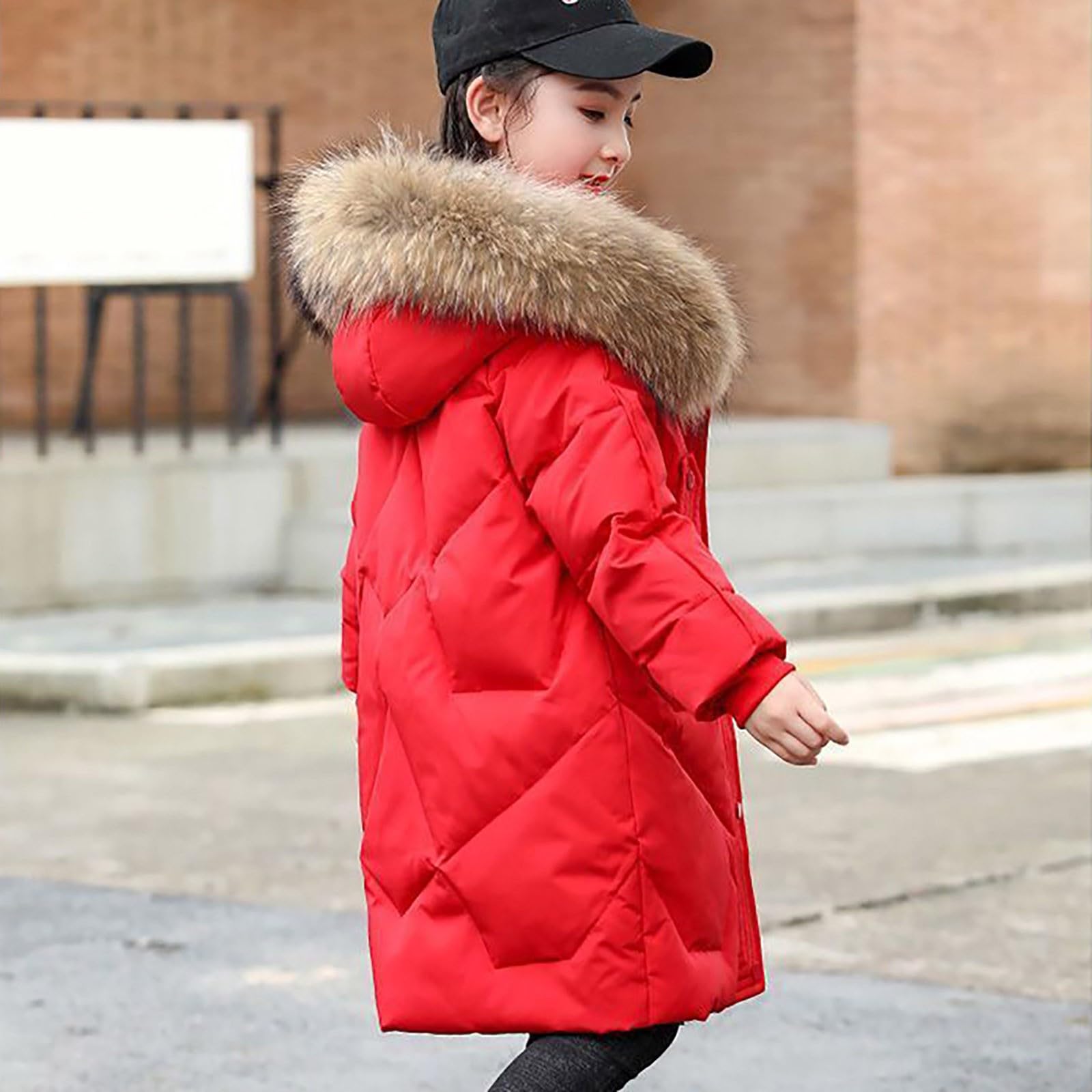 Clearance UK - Abrigos para niñas, abrigo largo de invierno con capucha de piel sintética para niñas pequeñas, chaqueta acolchada con cremallera y capucha, resistente al viento, forro polar