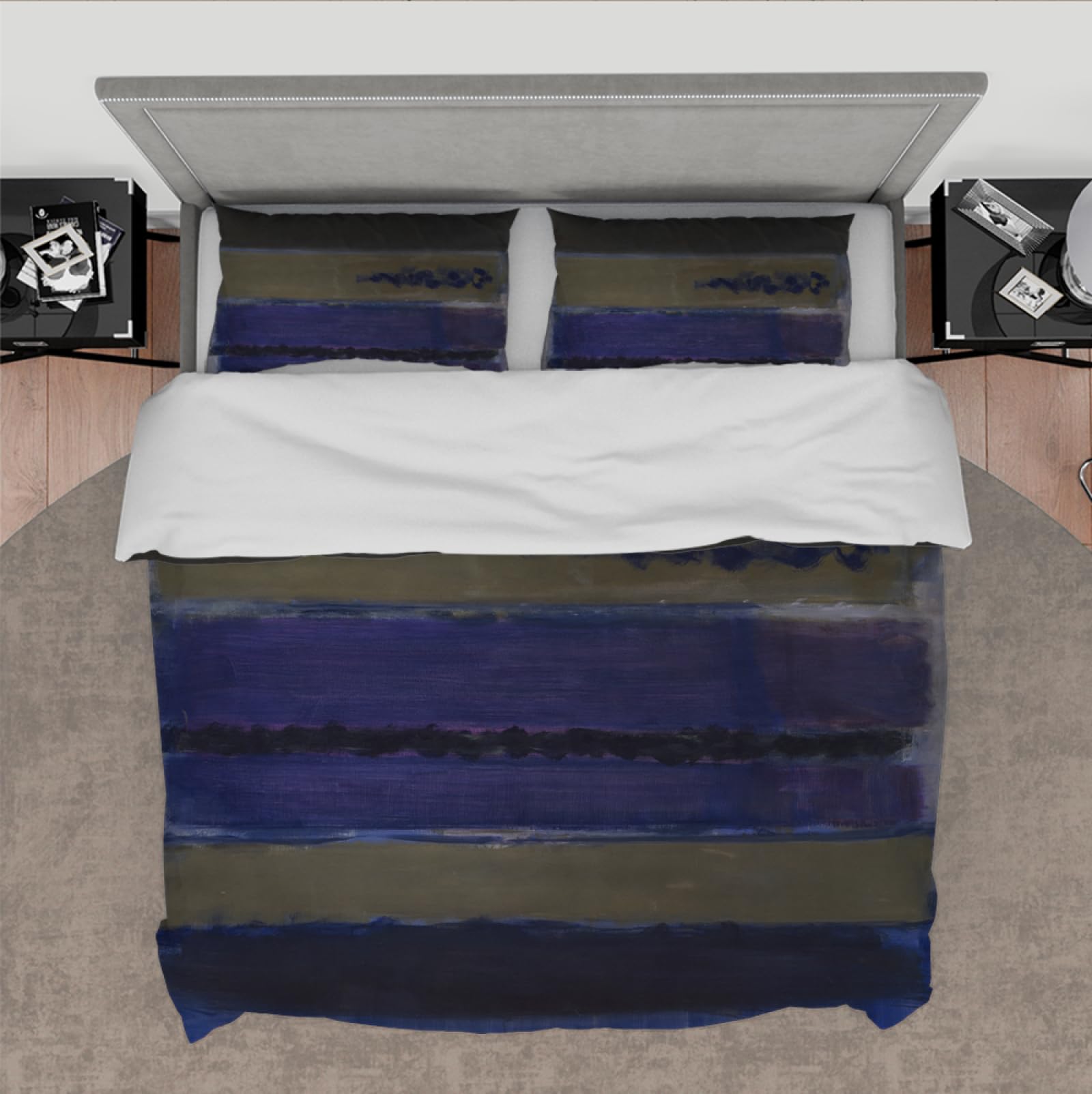 Rustykalny komplet pościeli, fioletowe i brązowe paski, 1 poszwa na poduszkę, 2 poszewki na poduszki, wzór Mark Rothko, 3-częściowy zestaw pościeli 230 x 220 cm