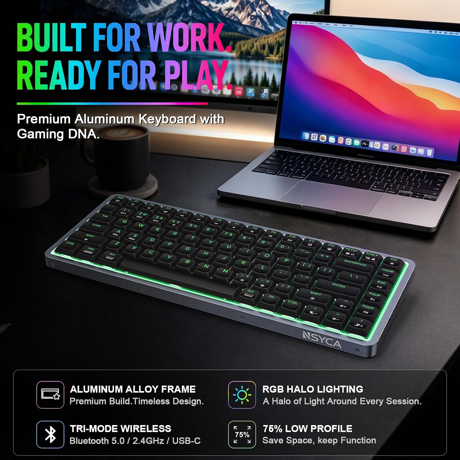 Air75 Low Profile Wireless Mechanical Keyboard, 75% Aluminum Frame, Hot Swappable, PBT Keycaps, RGB Backlit, Bluetooth/2.4GHz/USB-C, Gaming Keyboard with Web Driver for Mac Windows (Black)