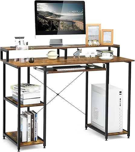 Miniatura 9 de COSTWAY Escritorio para computadora, mesa de oficina en casa de 47 pulgadas con gabinete, estantes para libros, bandeja extraíble para teclado,