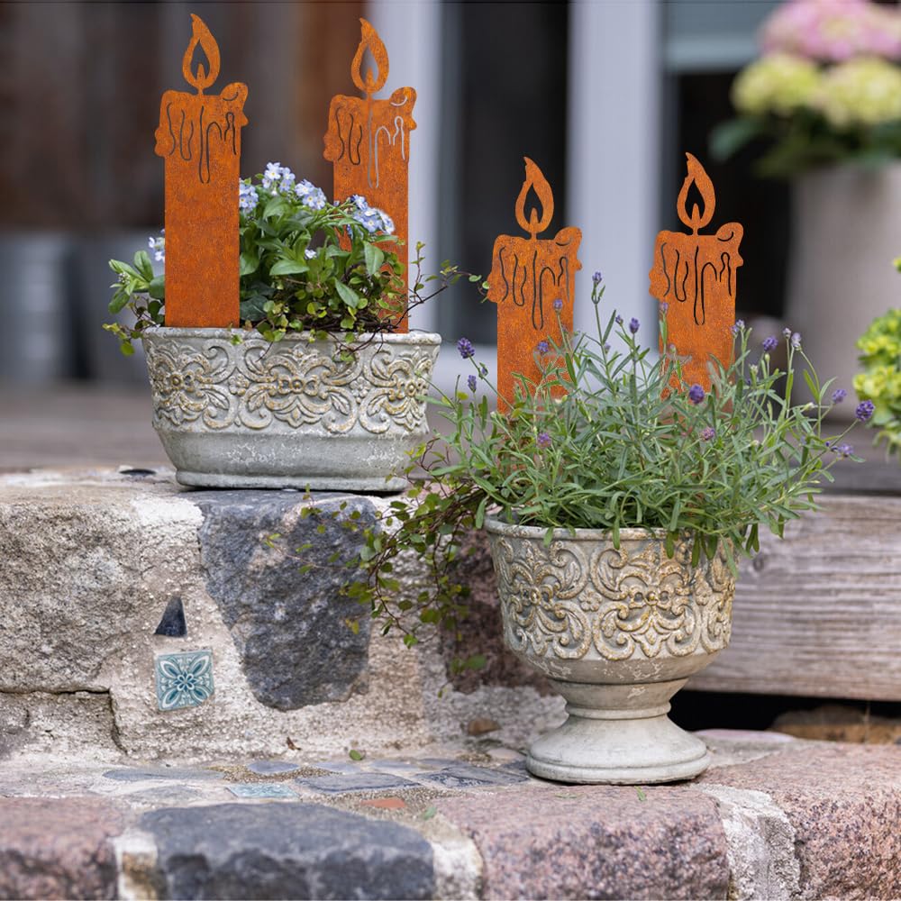 4er Set Rost Weihnachtsdeko - Gartenstecker Weihnachtsbaum & Kerzen