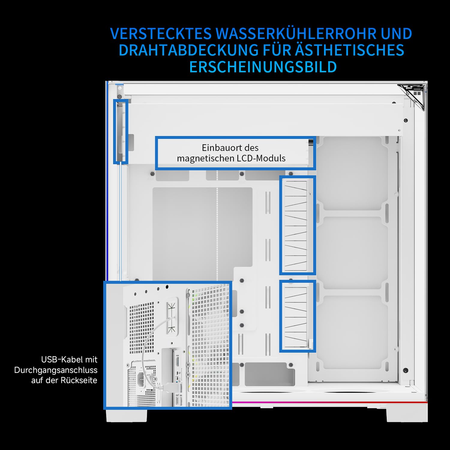 TR A70 Vision weißes ATX Gaming-Gehäuse | dreiseitiges säulenlosem Panoramaglas-Panel | 8 Lüfterplätze | Midi-Tower PC-Gehäuse | ausgestattet mit USB-C-Anschluss und integriertem 9,16-Zoll LCD-Display