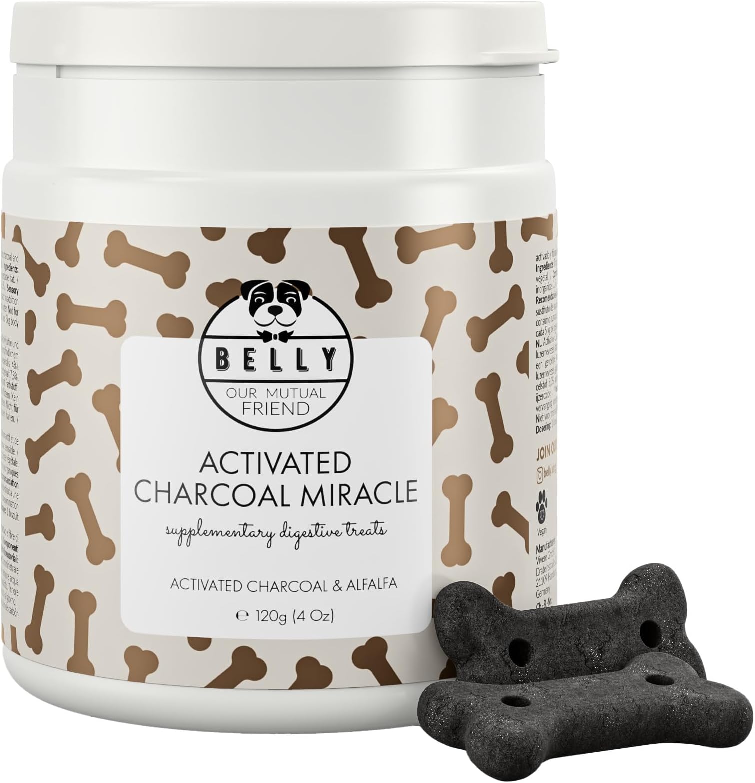 Belly Activated Charcoal Biscuits for Dogs -120g- Digestive Support - Comfort Treats - Nutrient Absorption, Natural Dog Treats Filled With Fibre - Fix Bloating & Gas, Made in Germany