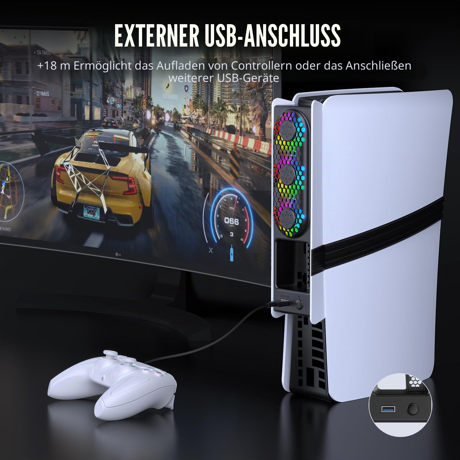 Lüfter für PS5 Pro/schlanke Konsole – Hochgeschwindigkeitskühlung mit automatischer Temperaturregelung, geräuscharm, RGB-Beleuchtung und USB-3.0-Anschluss für Gamer und