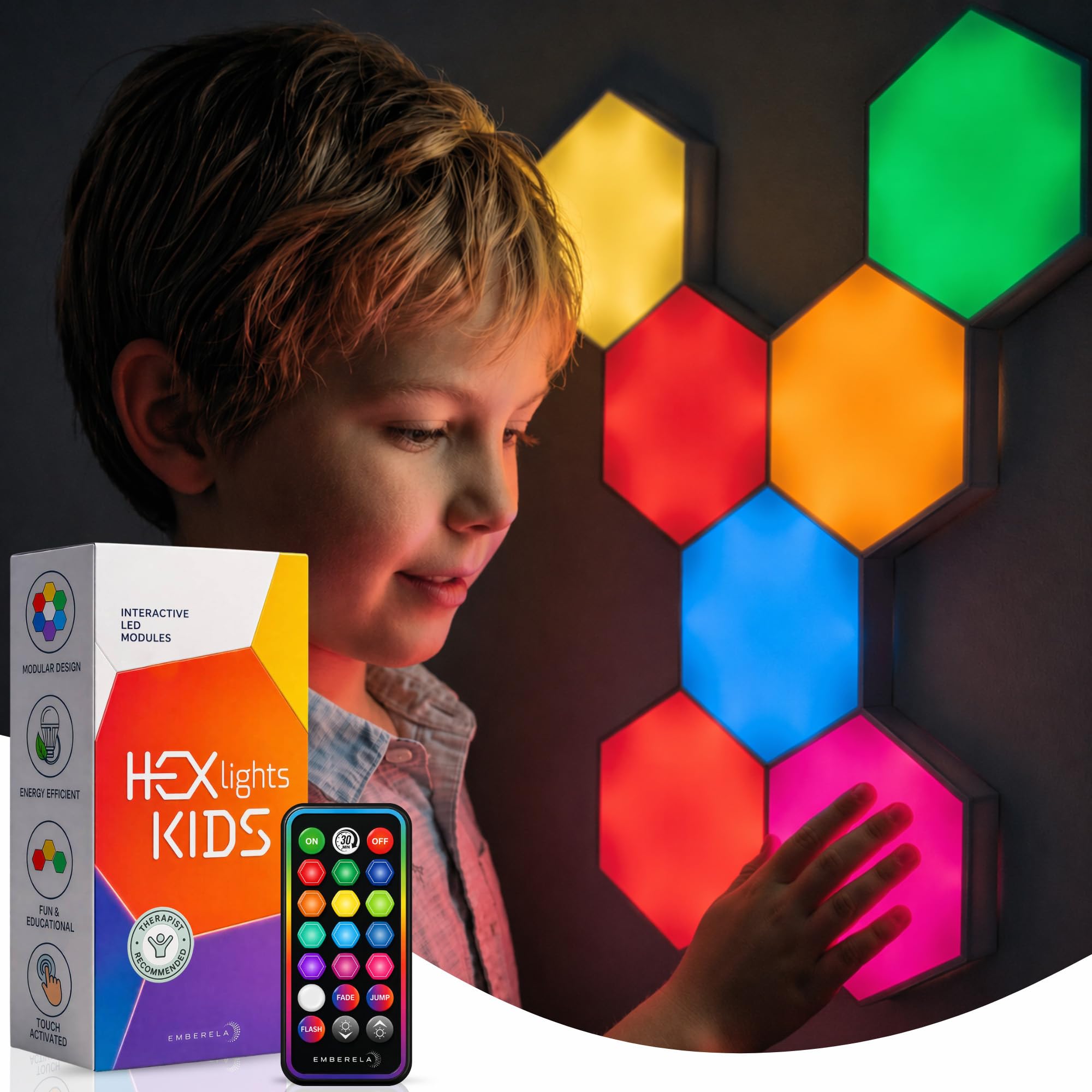Emberela HEXlights Sensory Lights for Kids - 7pk Touch Hexagon