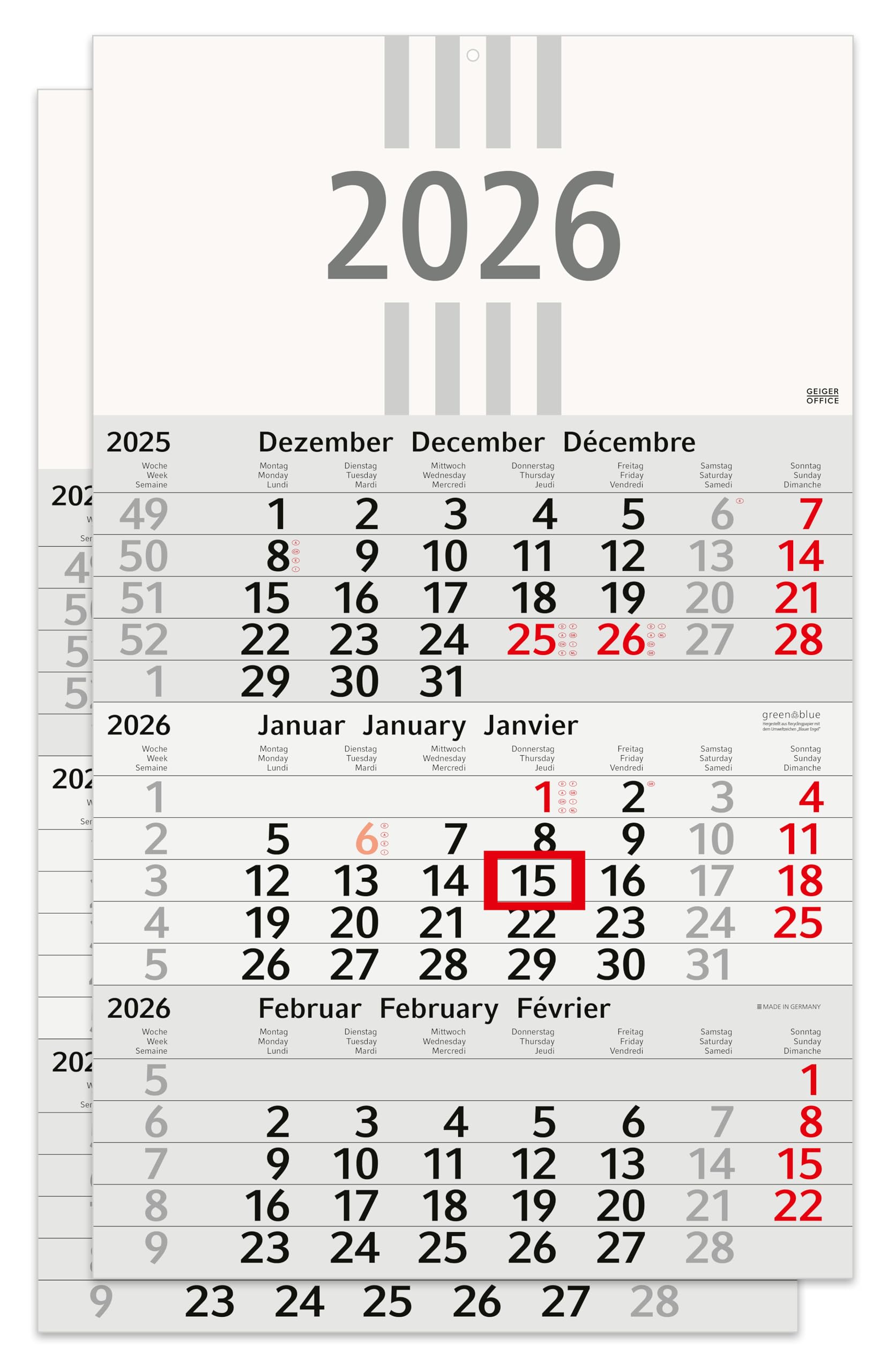 3-Month Calendar 2026 Recycled Wall Calendar with Date Slider, 30