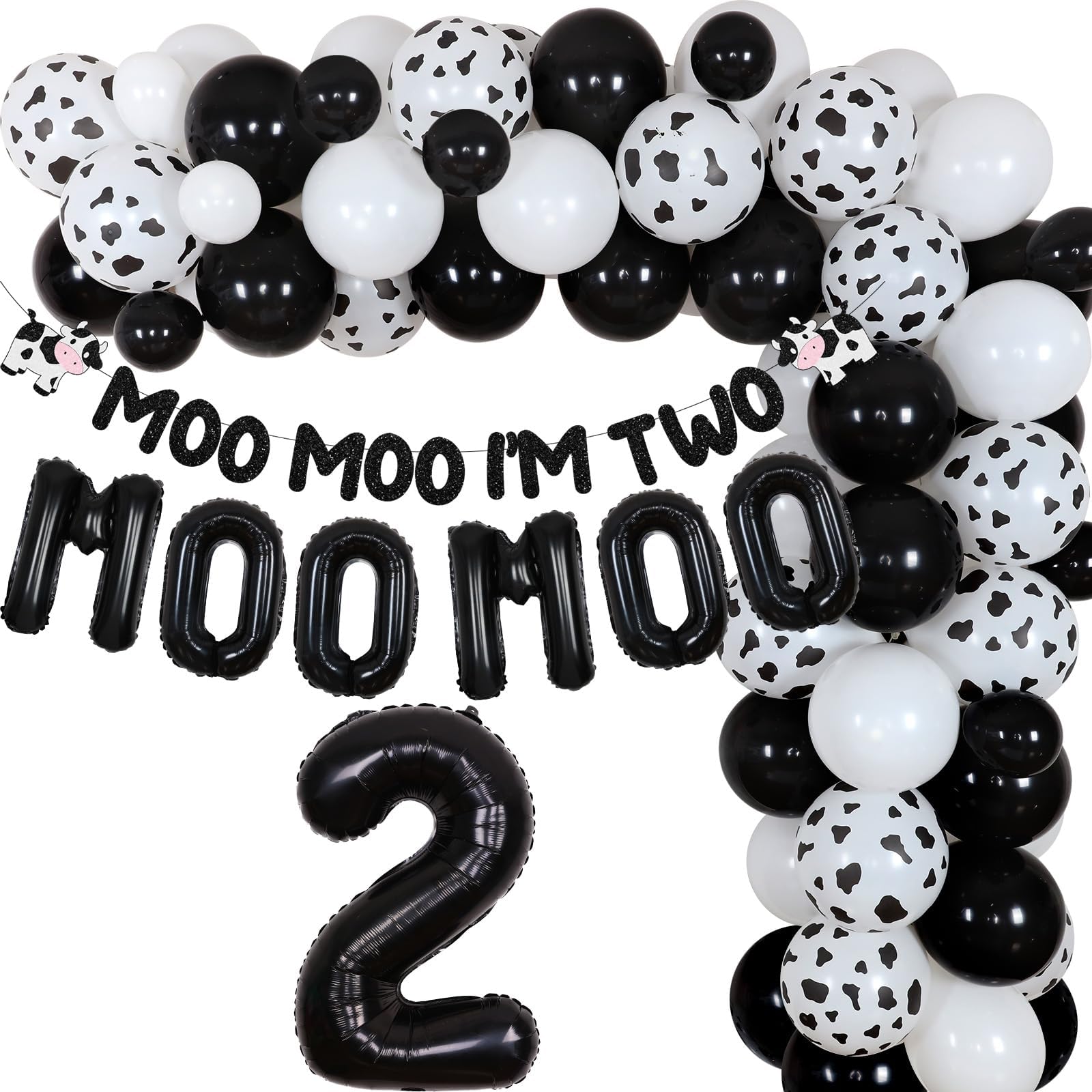 Cow 2nd Birthday Decorations - Moo Moo Im Two Party Decorations for Boys Girls, Farm Animals Theme Black and White Balloon Garland Kit with Moo Moo Im Two Banner, Foil Balloons