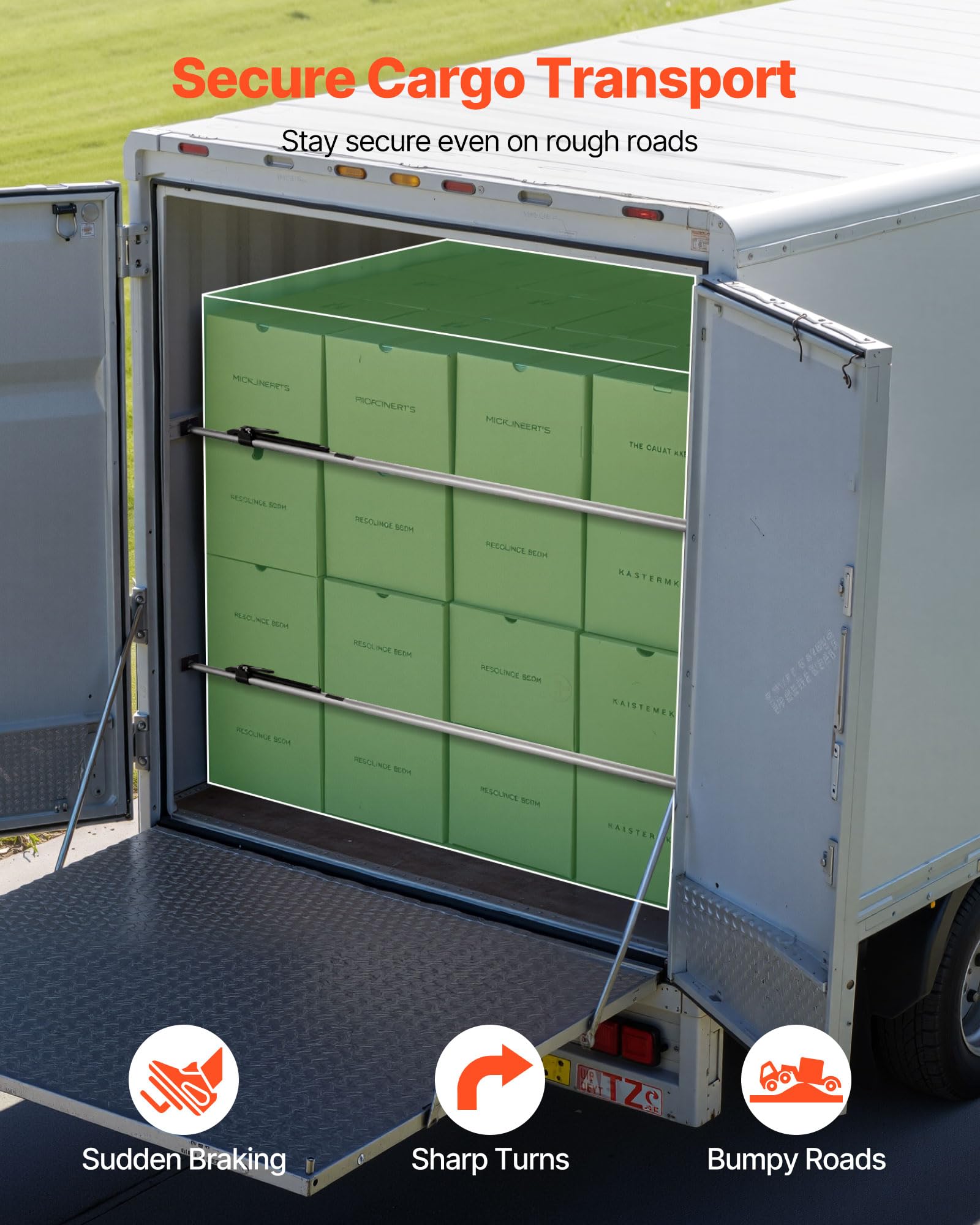 Condition photo showing New/Like New for vevor cargo bar, cargo bar adjustable from 89" to 104", heavy-duty steel cargos stabilizer with non-slip foot pads, truck bed load lock bars for box trucks, semi-trailers, trailers (2pcs)