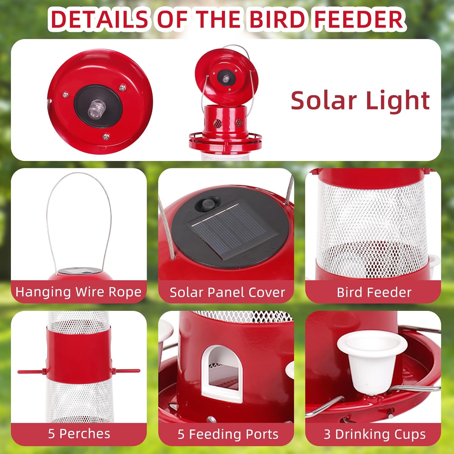 Bird Feeders for Outside, Solar Wild Bird Feeder for Outdoors Hanging, 2.3lbs Metal Birds Seed Feeders with 5 Feed Ports Large Capacity Container Drinking Cups for Wild, Finch