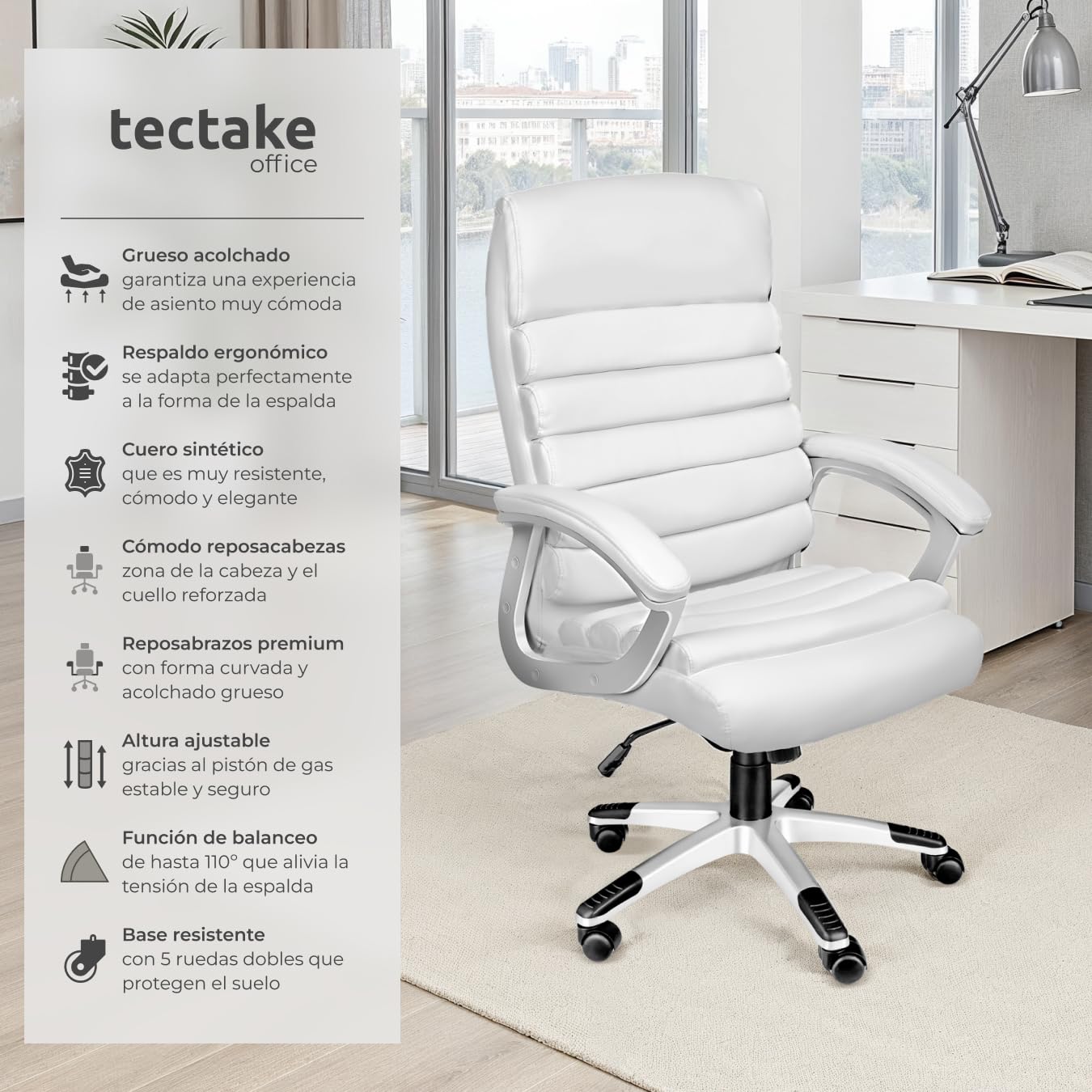 tectake®, Silla Oficina Ergonómica, Sillón Escritorio Ajustable, Silla Giratoria con Base de Ruedas, Altura Regulable, Acolchado Extra Grueso, Ergonómico, Basculante, 360° Rotación - Blanco
