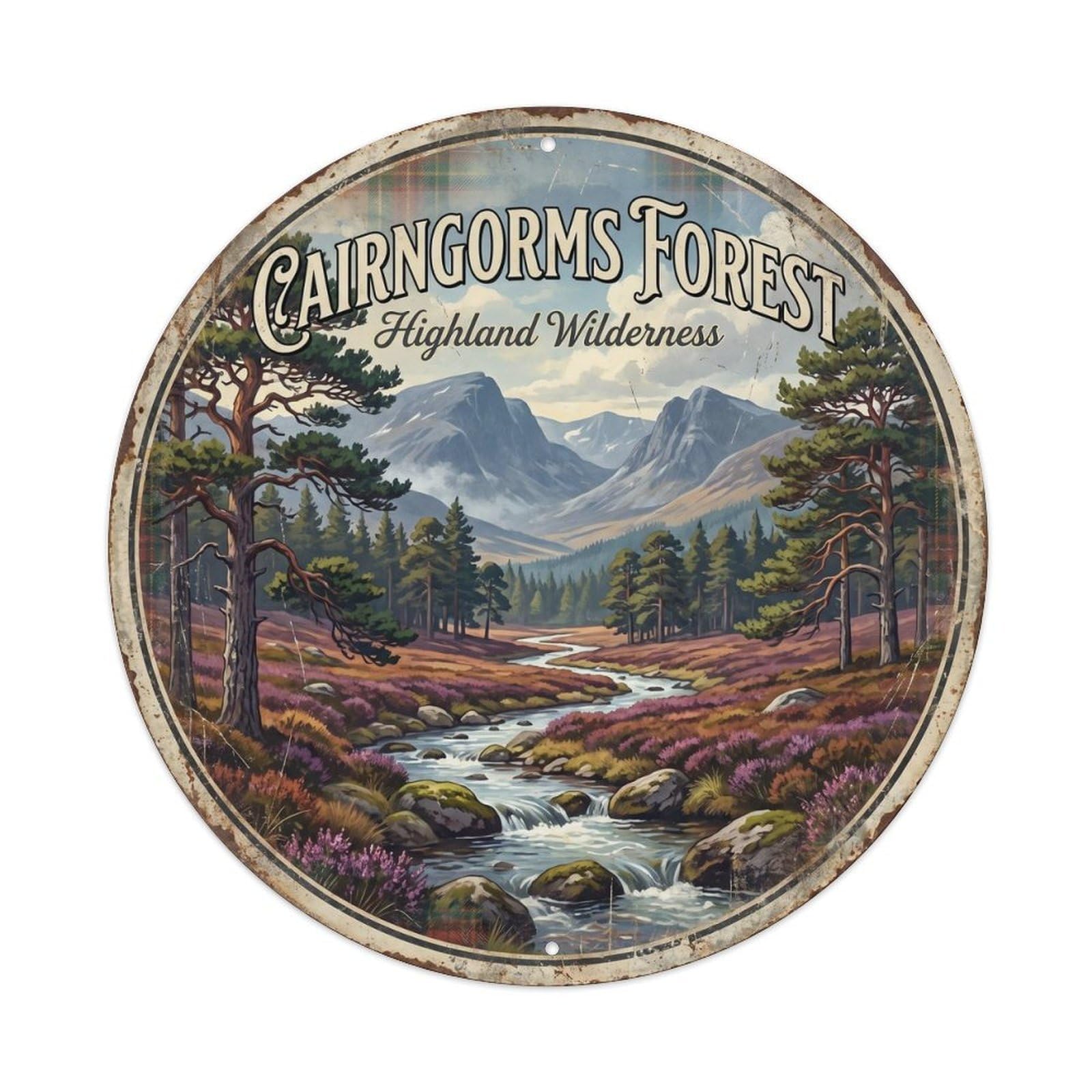 Vintage Travel Cairngorms Forest Scotland Highland Metal Tin Sign Plaque Wall Decor for Cafe, Club, Garden Round Metal Poster 8x8Inch