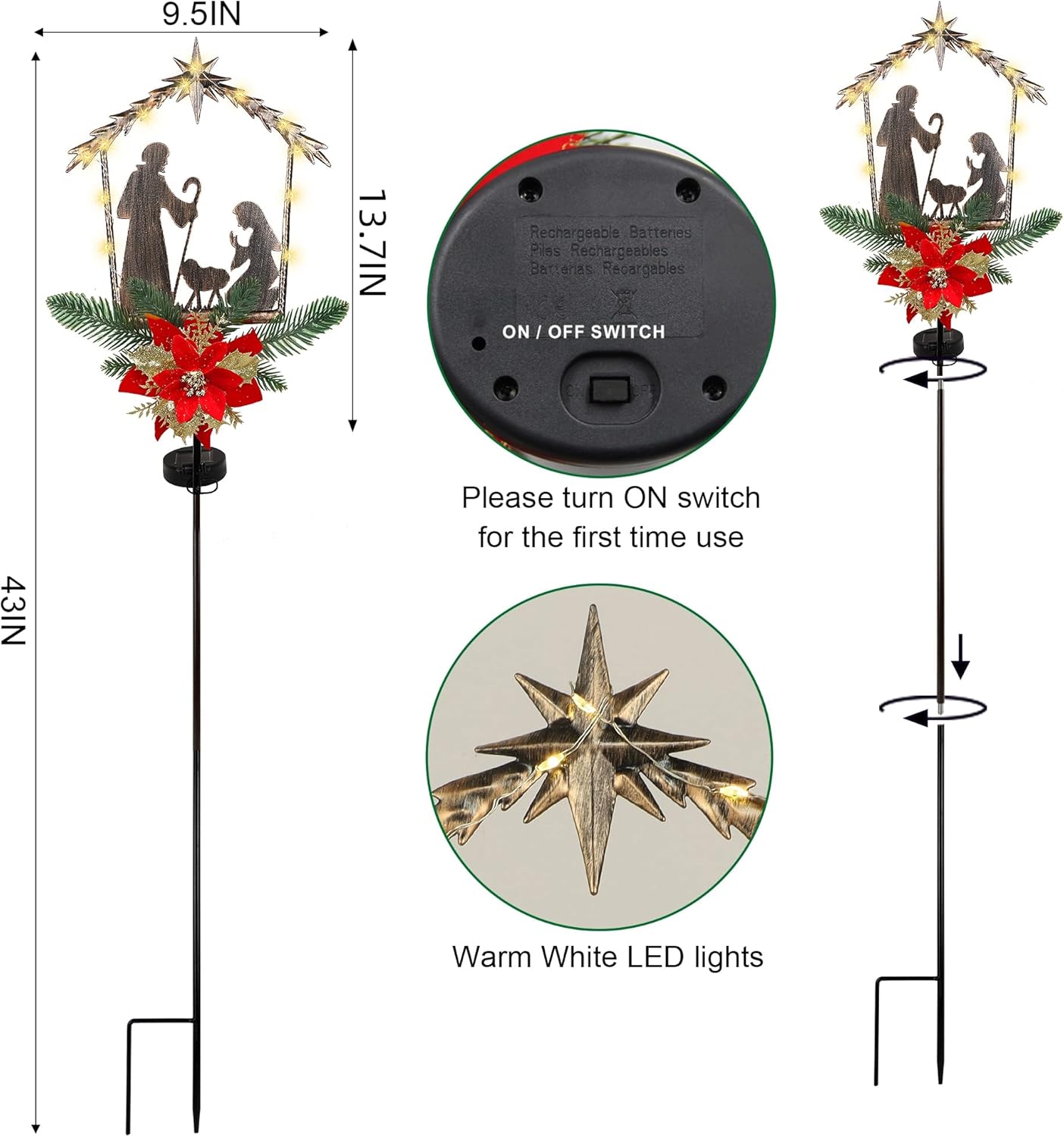 Hausse Christmas Outdoor Decorations, Solar Nativity Scene Decorative Garden Stake Lights, Holy Family with Artificial Poinsettia Yard Signs for Holiday New Year Winter Home Lawn Pathway Patio Decor : Patio, Lawn & Garden