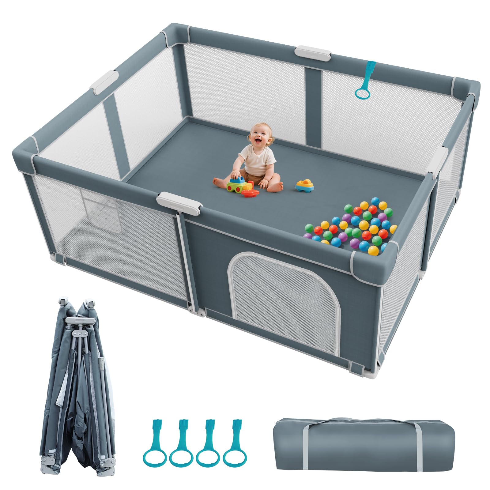 Foldable Baby Playpen - 70"×59" Collapsible Play Pen for Babies and Toddlers - Indoor Outdoor Foldable Play Yard with 4 Handles - Folding Baby Playpen with Bag Portable Travel Play Yard